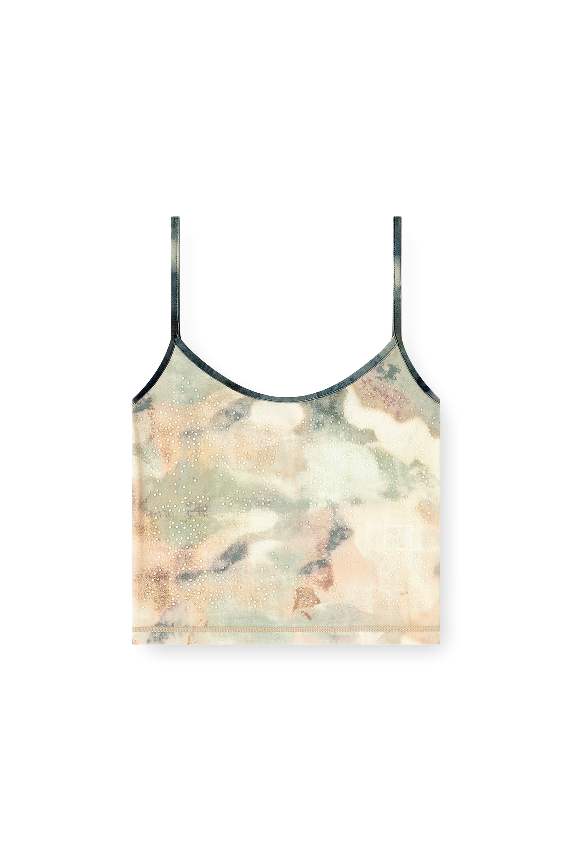 Diesel - T-IPLU, Top aderente in nylon con stampa camouflage all-over e dettagli in cristallo Donna in Verde - 3