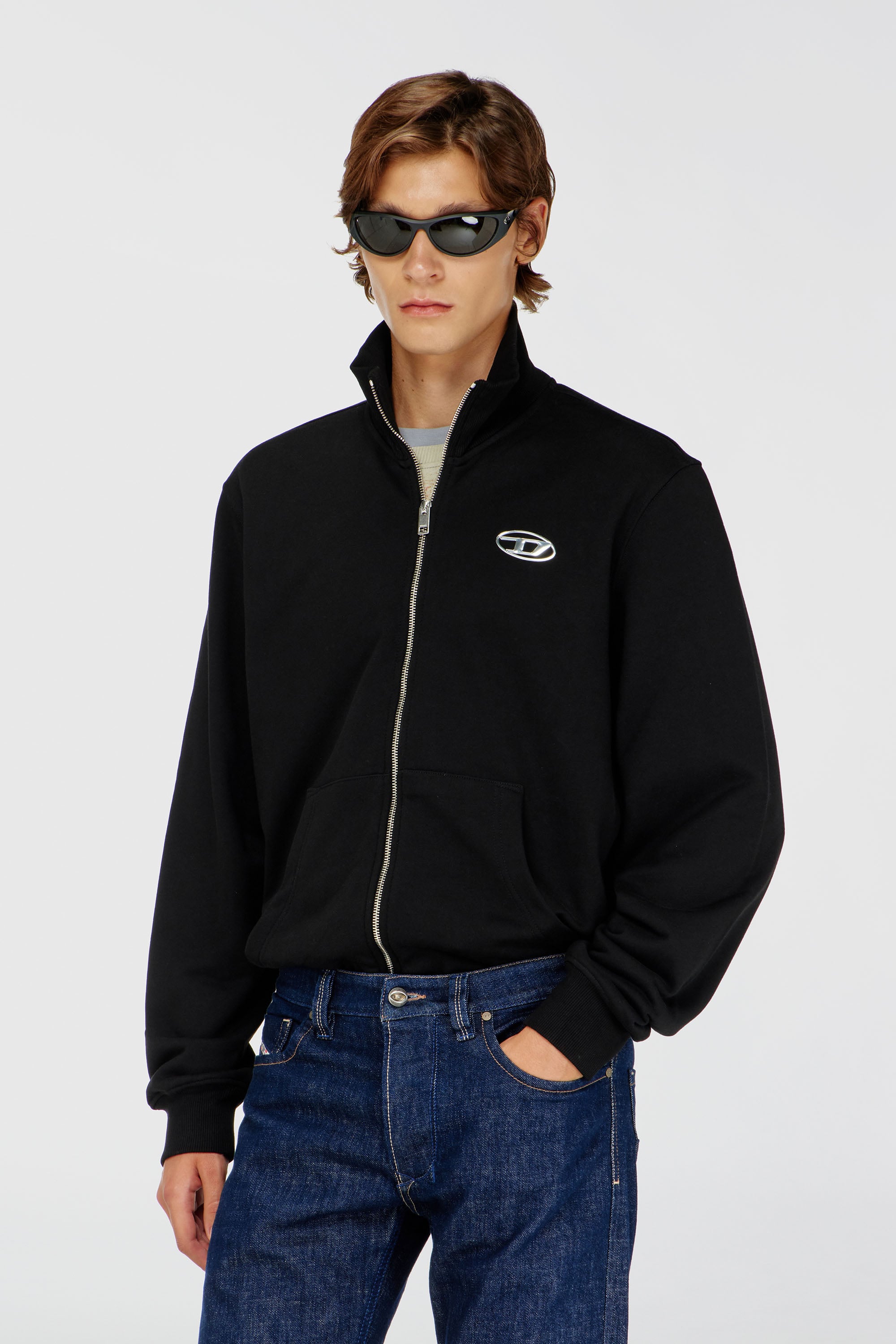 Diesel - S-GINNI-ZIP-OD, Felpa con zip e logo metallizzato Uomo in Nero - 1