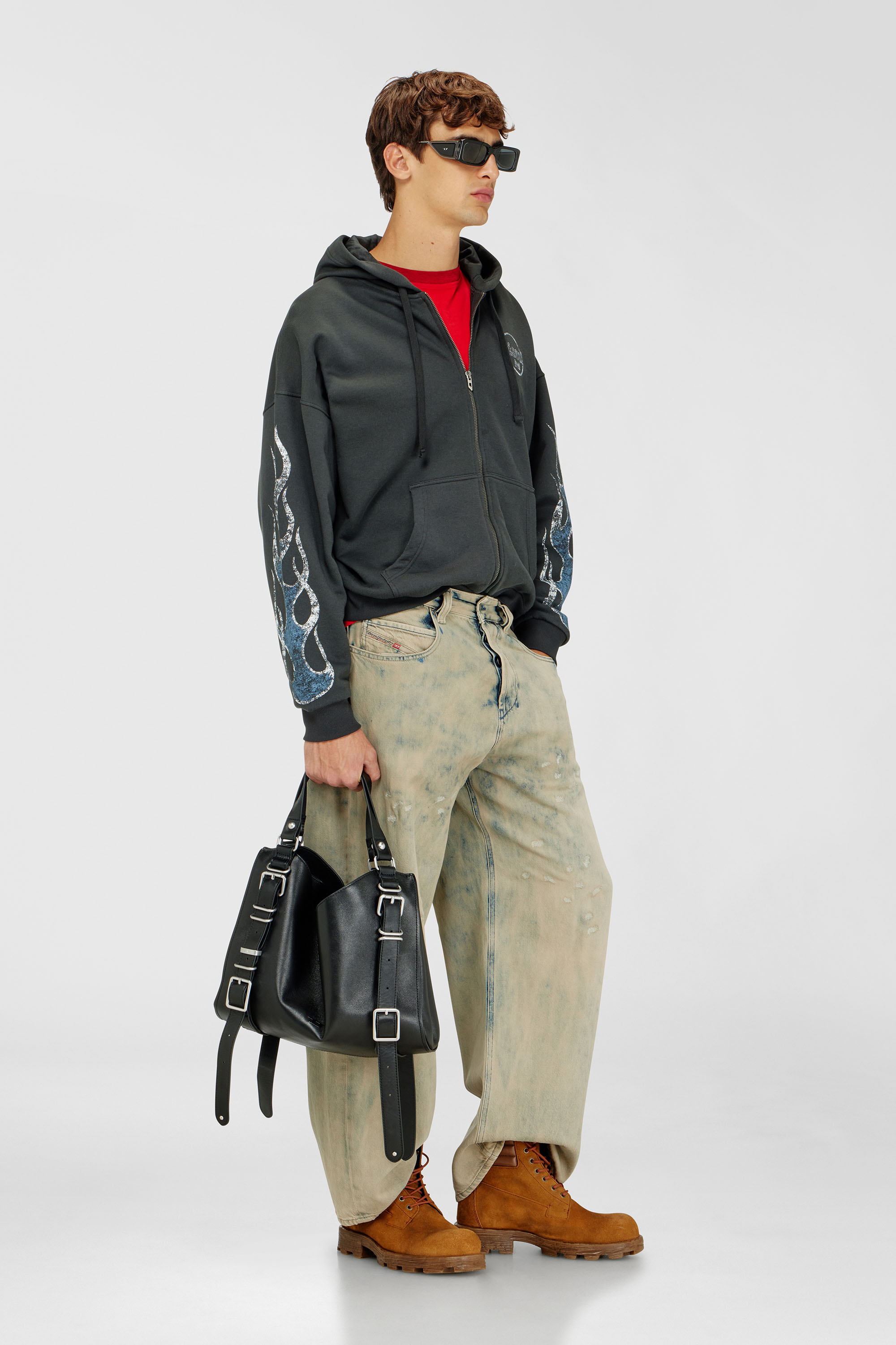 Diesel - S-TOLY-ZIP, Felpa con zip e stampa effetto craquel&eacute; Uomo in Grigio - 1