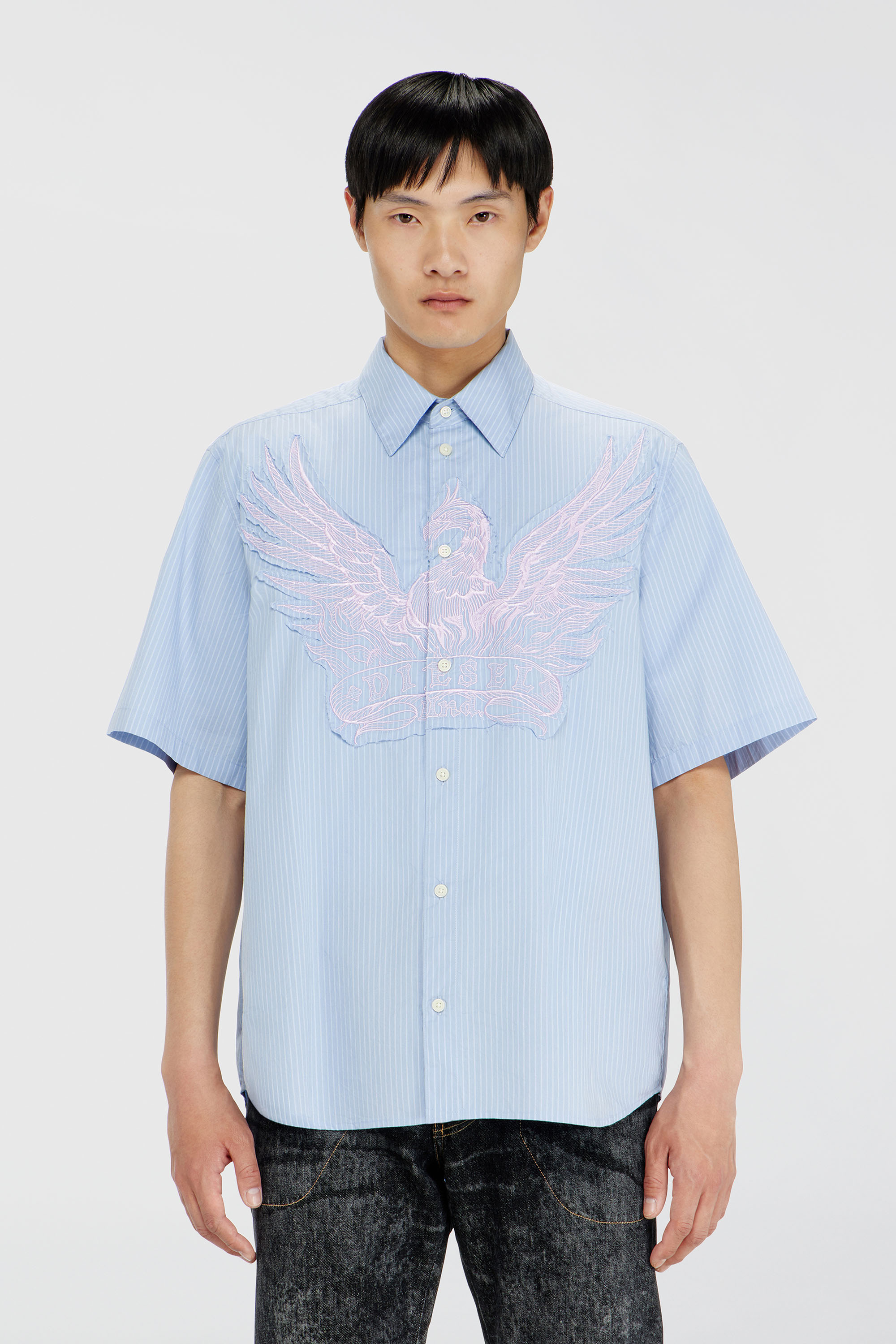Diesel - S-SIMPLY-SS-AGCZ, Camicia in popeline a righe con patch ricamato Uomo in Blu - 1