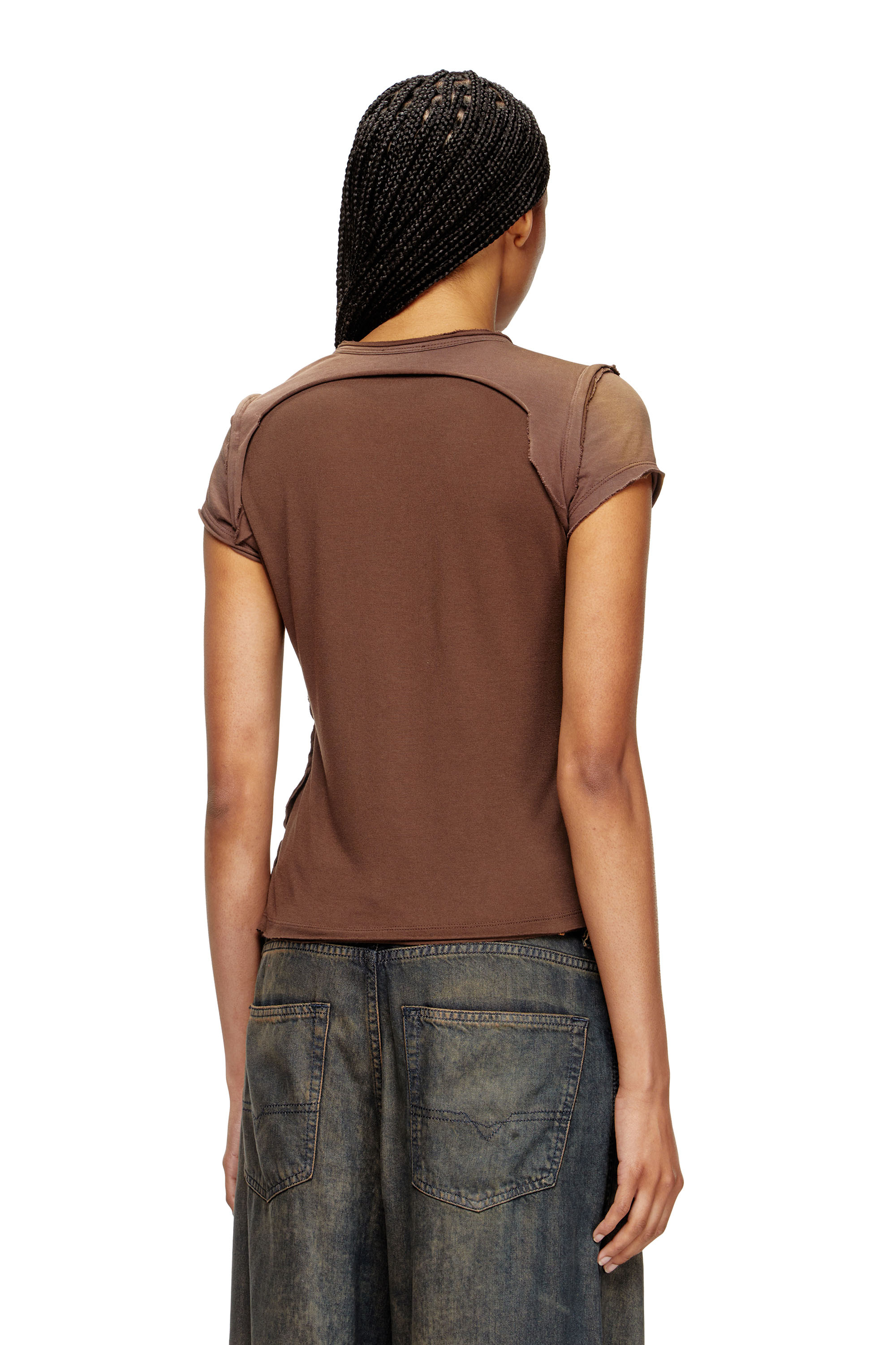 Diesel - T-UNRAWY, T-shirt Henley con effetto peel-off Donna in Marrone - 4