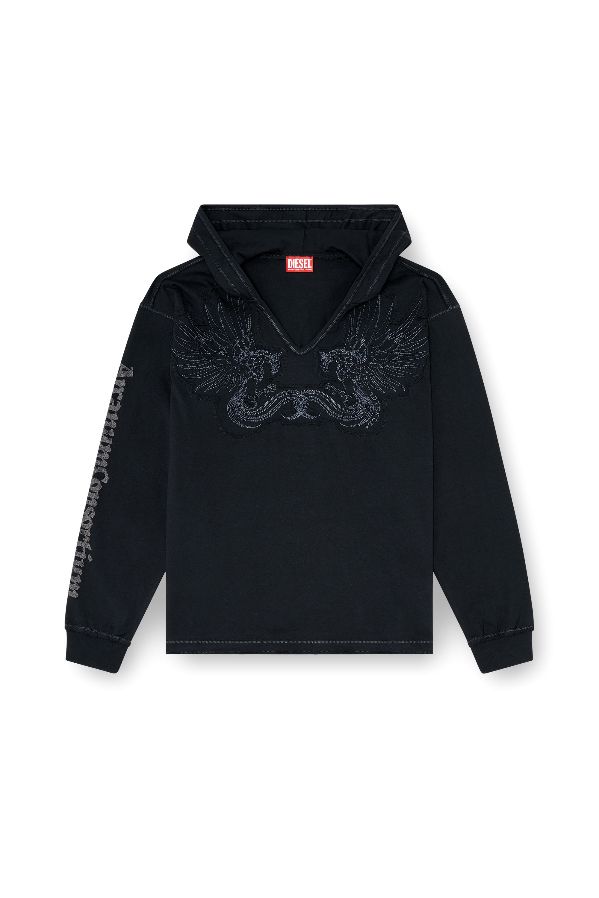 Diesel - T-PHEN-LS-HOOD-RIB, Hoodie con scollo a V e ricamo frontale Uomo in Nero - 3