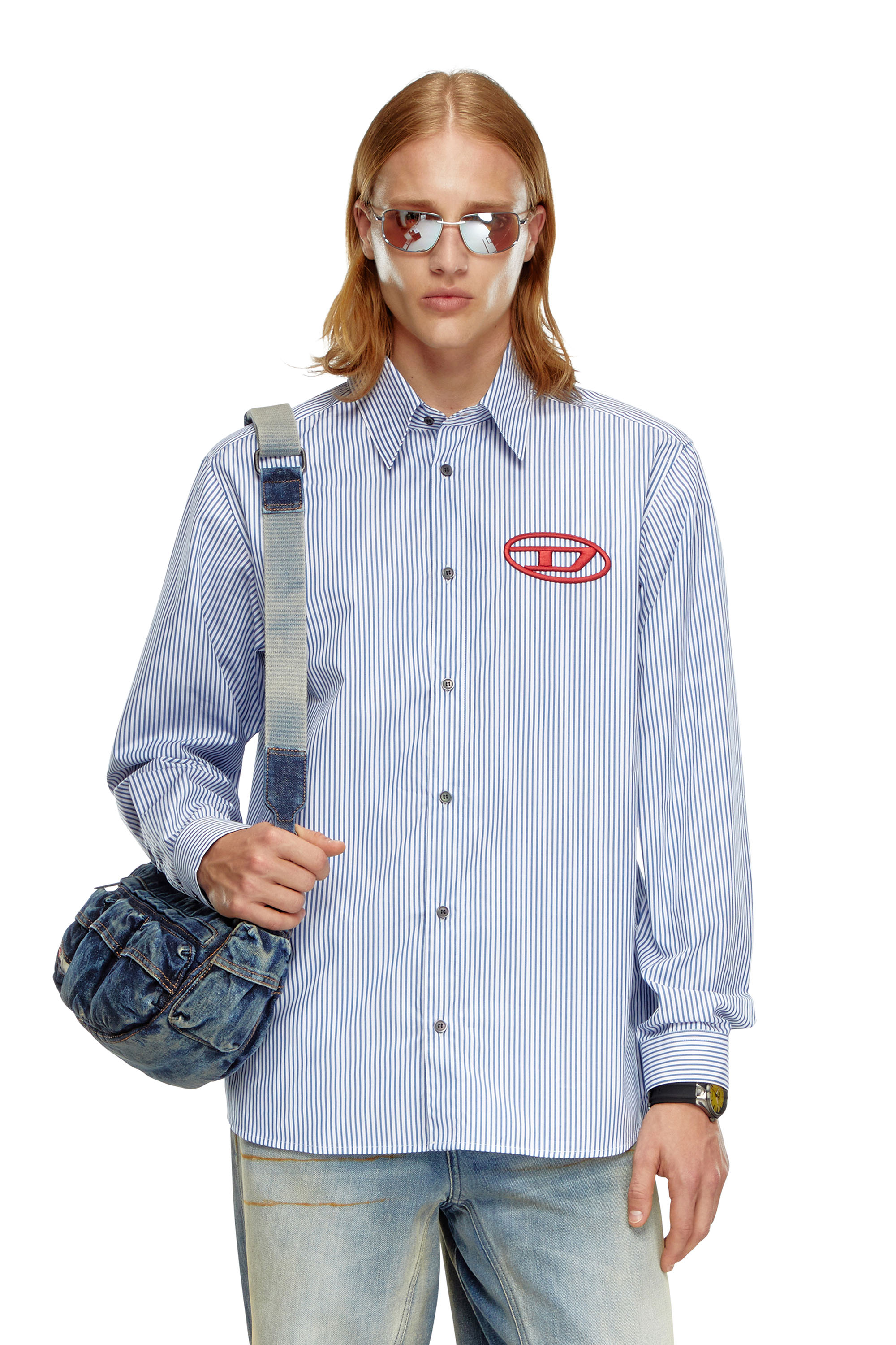 Diesel - S-SIMPLY-E, Uomo Camicia a righe con ricamo Oval D in Blu - Image 1