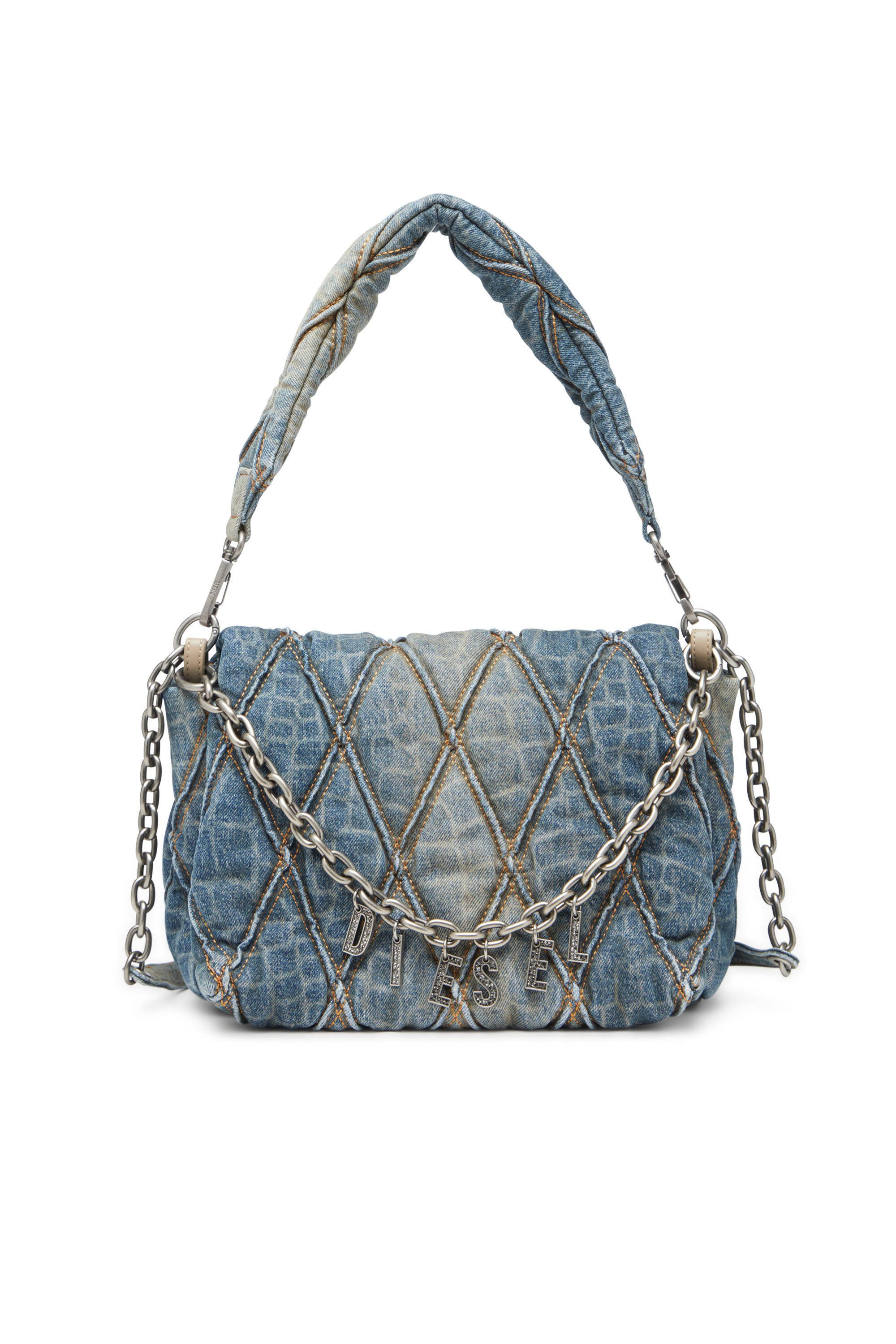 Diesel - CNY CHARM-D SHOULDER M, Borsa a spalla in denim trapuntato stampa snake Donna in Blu - 1