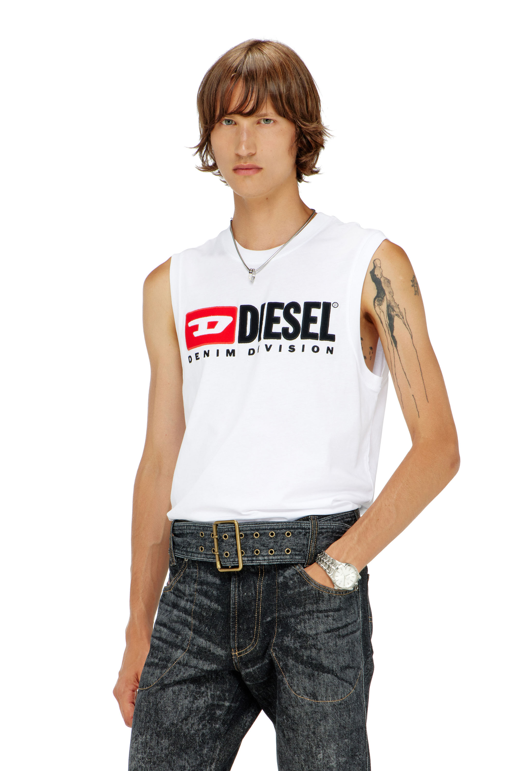 Diesel - T-ISCO-DIV, Canotta con stampa logo sul petto Uomo in Bianco - 1