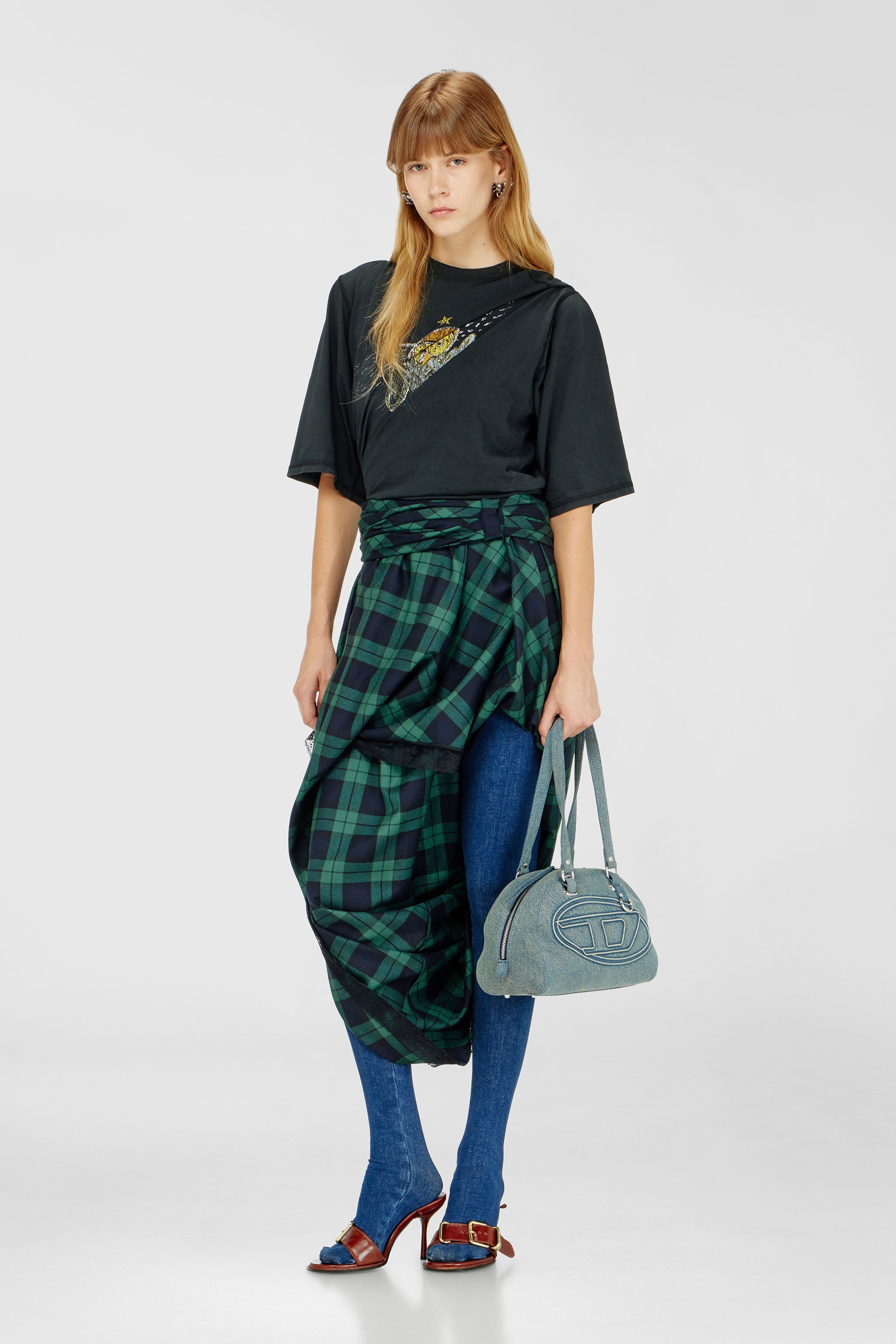 Diesel - O-WINNY, Gonna midi tartan drappeggiata con bordo in pizzo Donna in Multicolor - 1