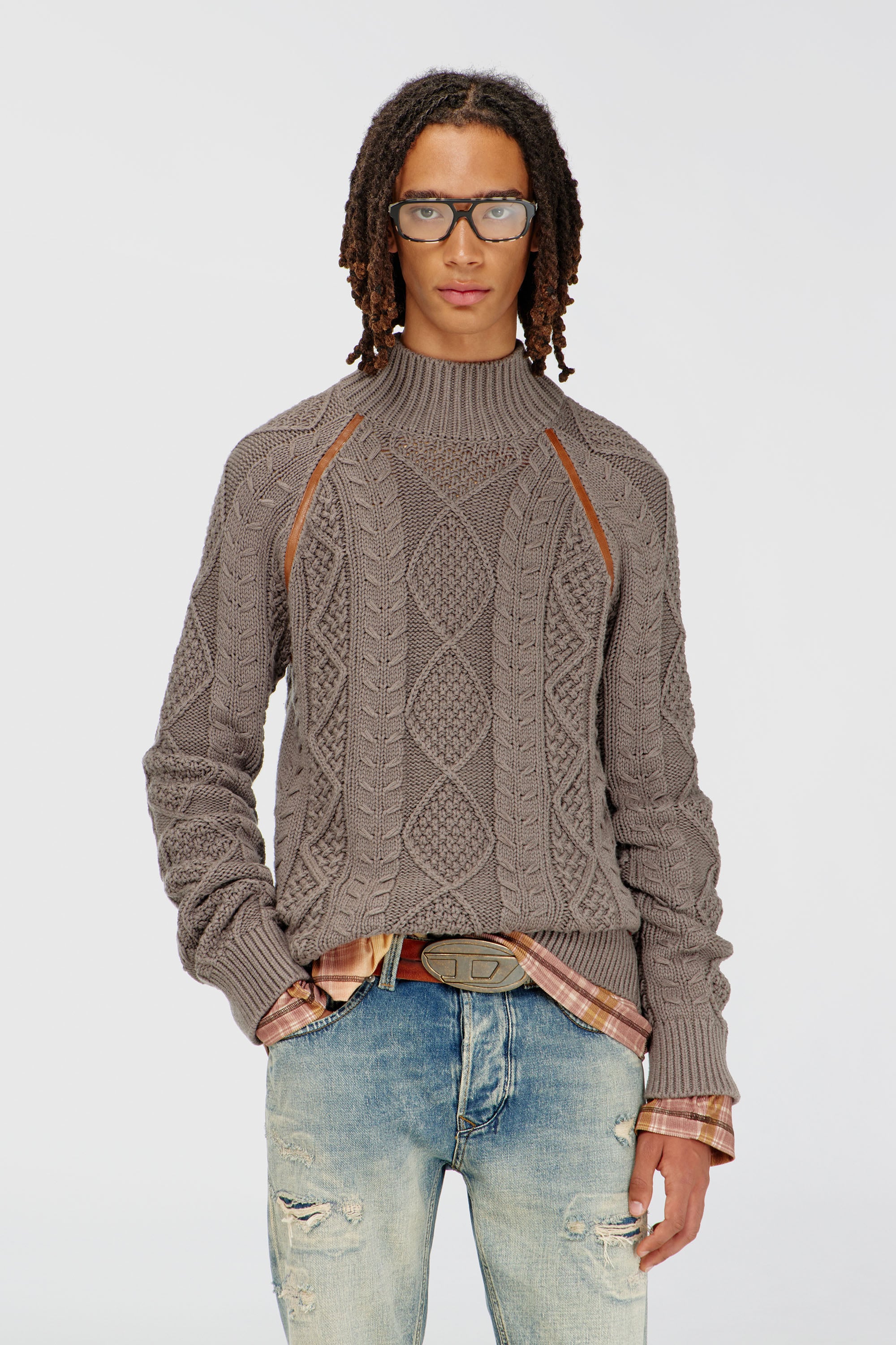 Diesel - K-INOME, Dolcevita in maglia a trecce Uomo in Grigio - 1