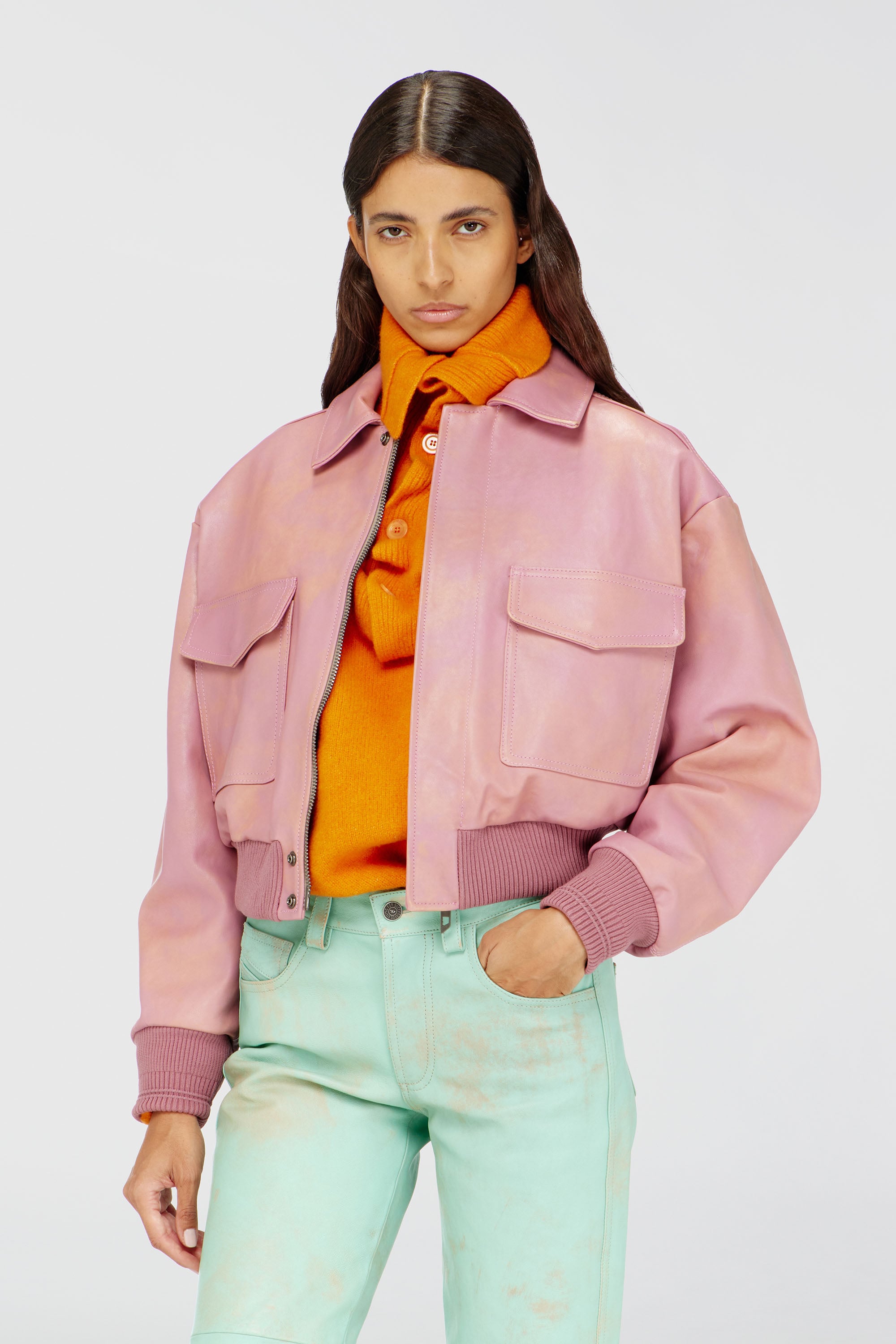 Diesel - L-AVIA, Giacca aviator in pelle lavorata Donna in Rosa - 1