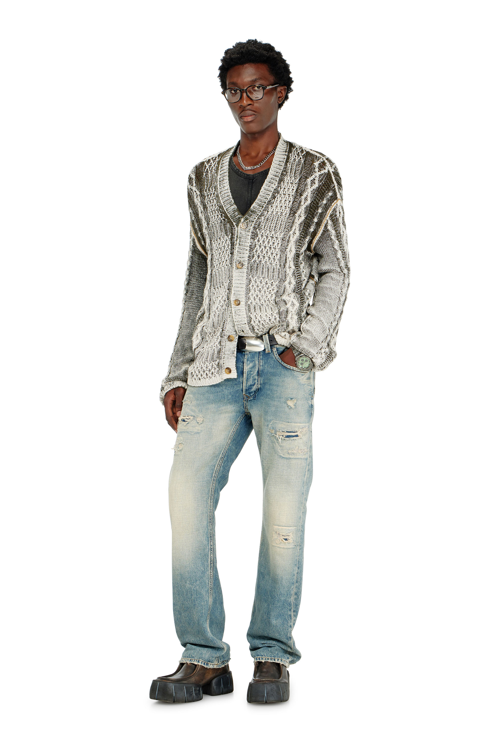 Diesel - K-MIOTO, Cardigan lavorato a maglia con trattamento Uomo in Multicolor - 2