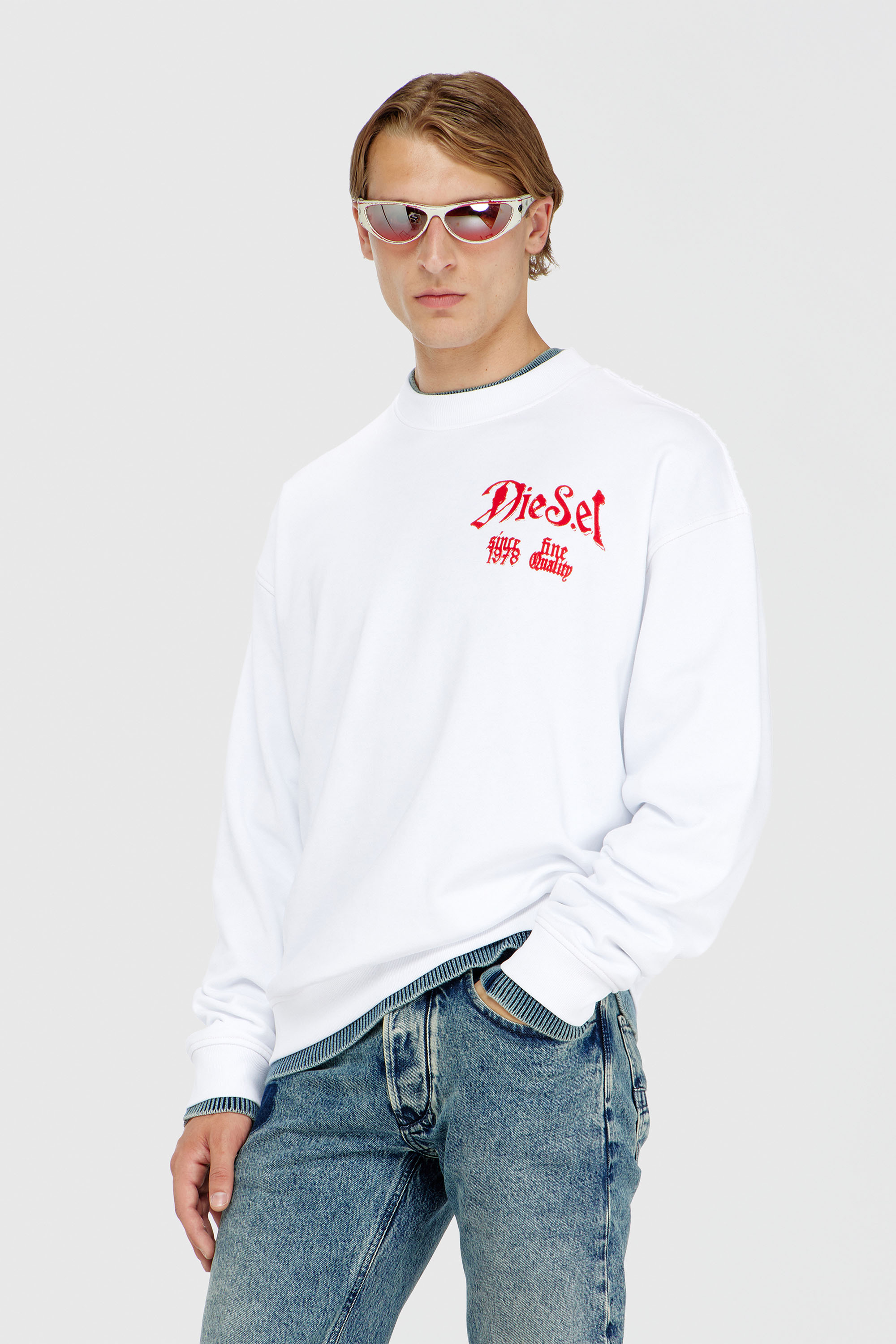 Diesel - S-BOXT-AA2, Felpa in cotone con grafiche effetto floccato Uomo in Bianco - 3
