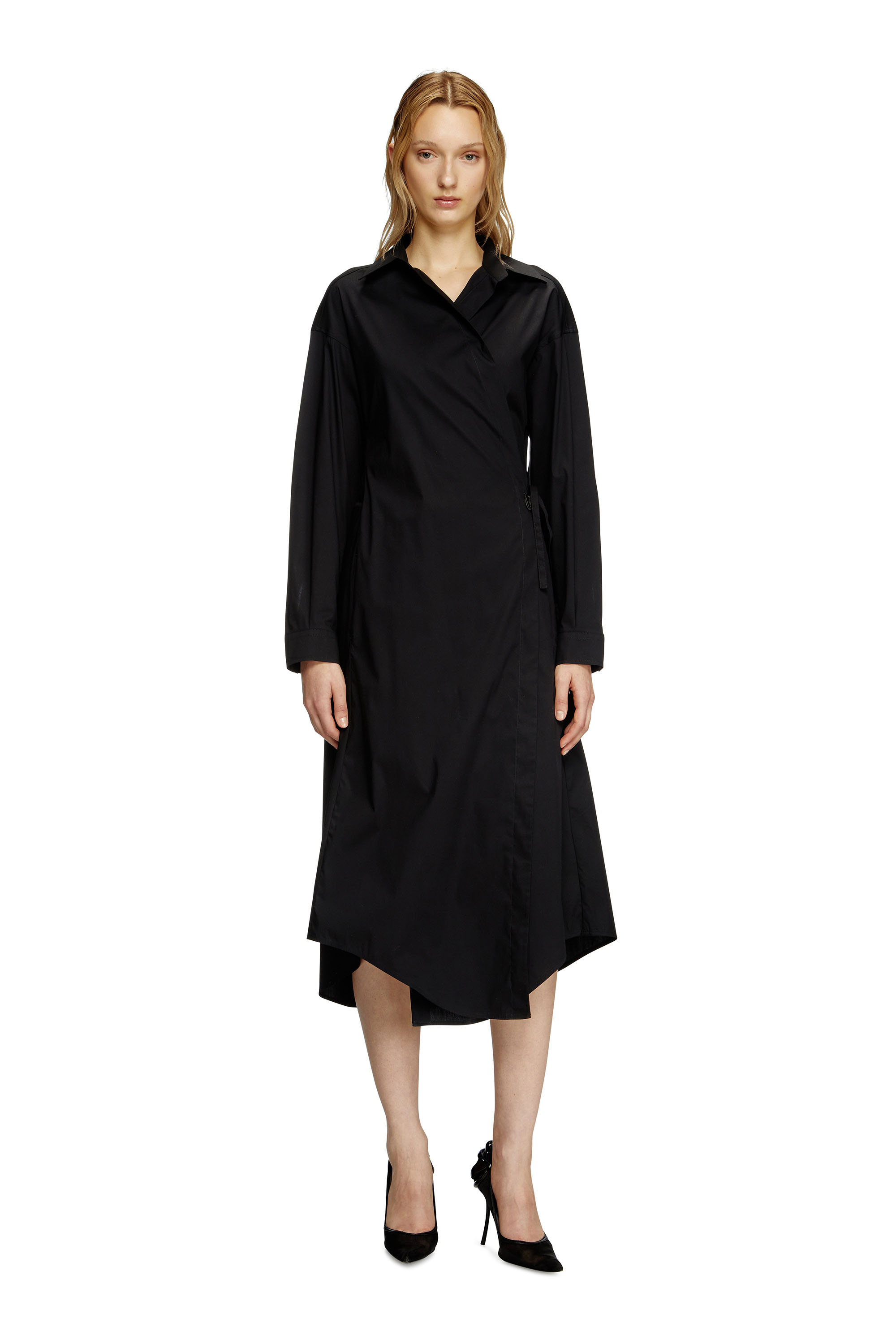 Diesel - D-ELPHI-LONG, Shirt dress a portafoglio in popeline Donna in Nero - 2