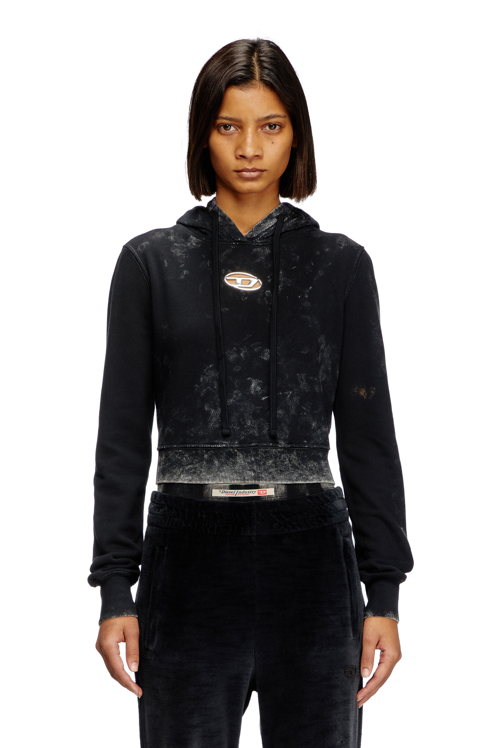 Diesel - F-SLIMMY-HOOD-P5, Hoodie sfumato con cut-out e logo metallico Donna in Nero - 1