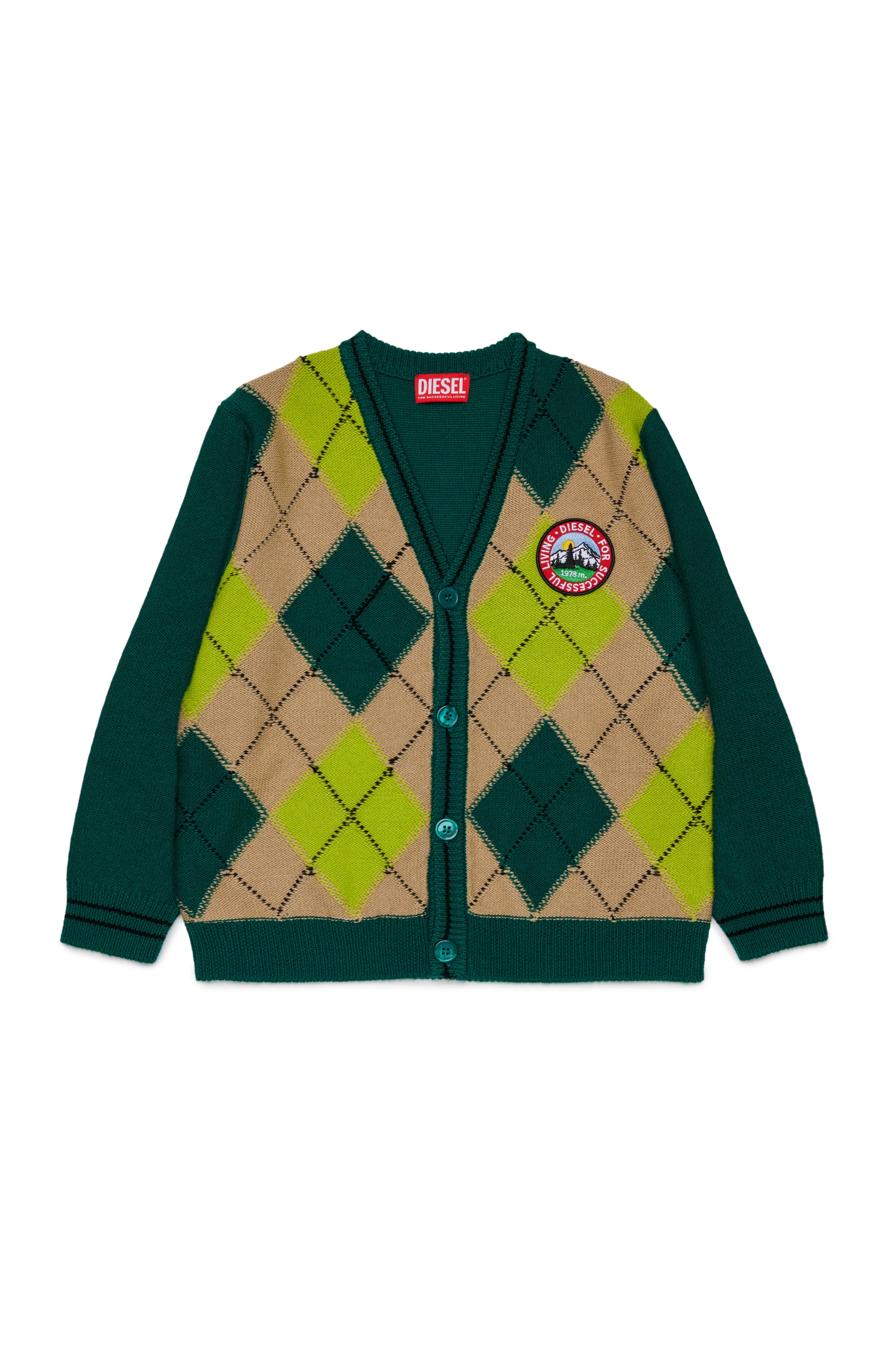 Diesel - KROMYCARDIGAN OVER, Cardigan in misto lana con motivo argyle Unisex in Verde - 1
