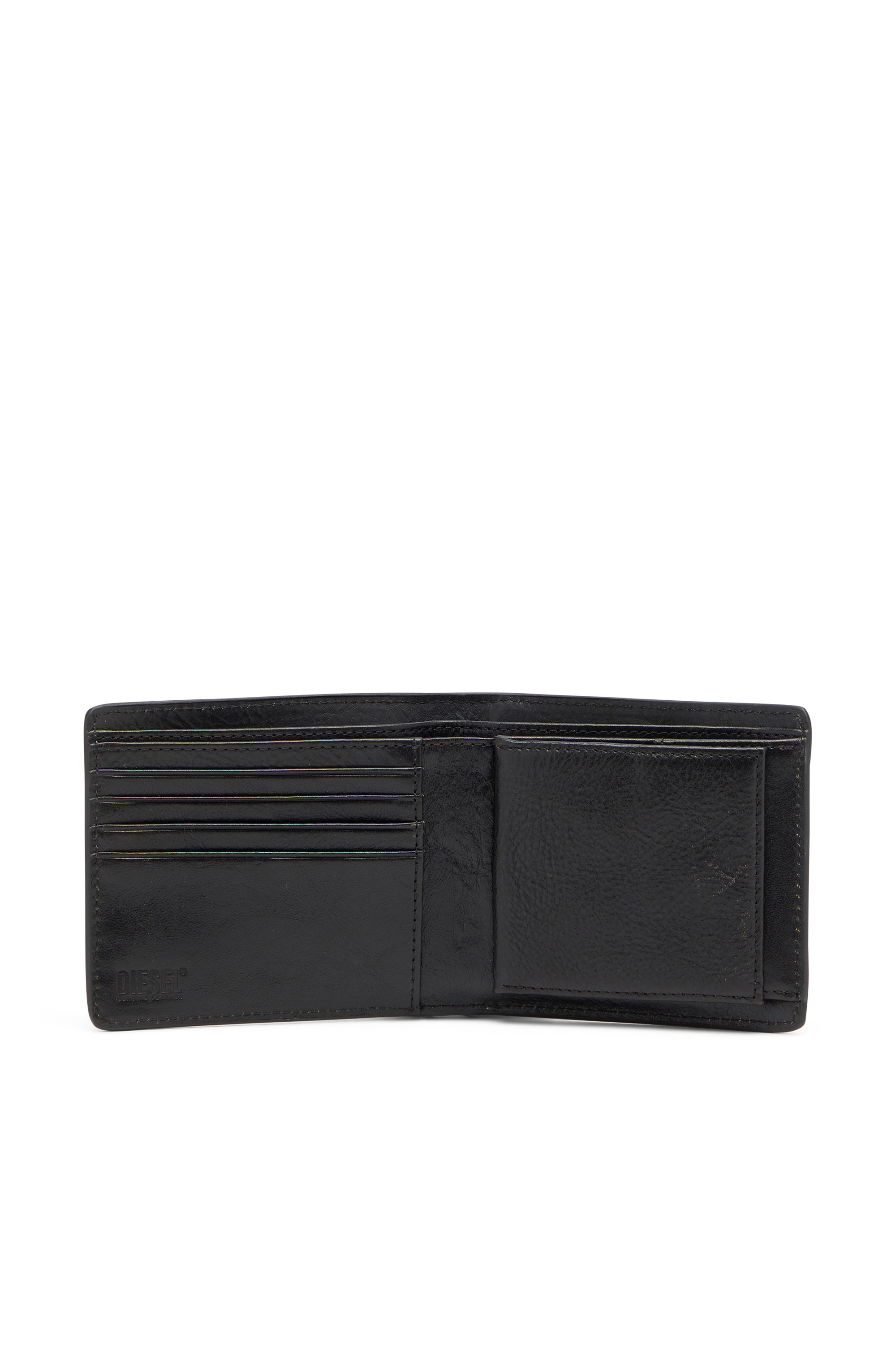 Diesel - FLAG-D BI-FOLD COIN S 3D, Portafoglio in pelle a doppia piega con logo in rilievo Uomo in Nero - 3