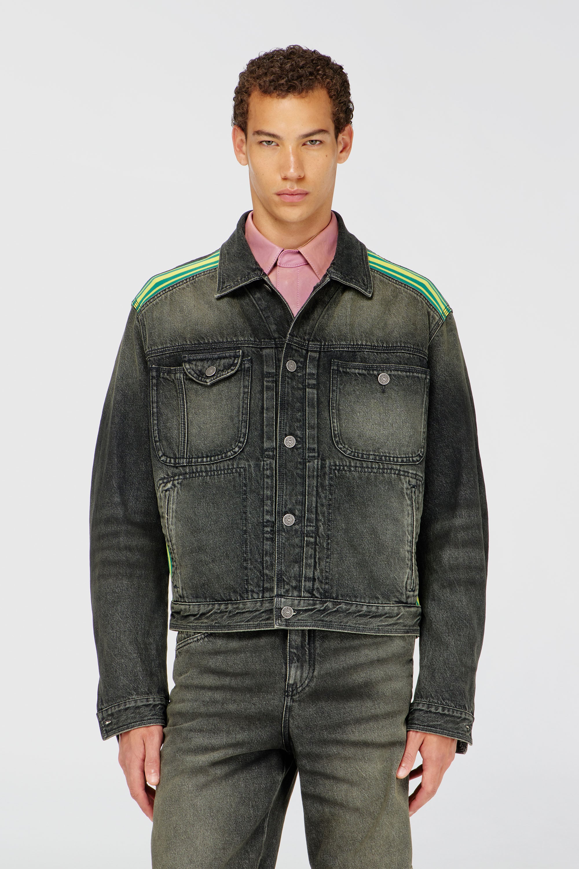 Diesel - D-BAS-FSJ1, Man's Trucker jacket with striped shoulder bands in Dark grey - 1