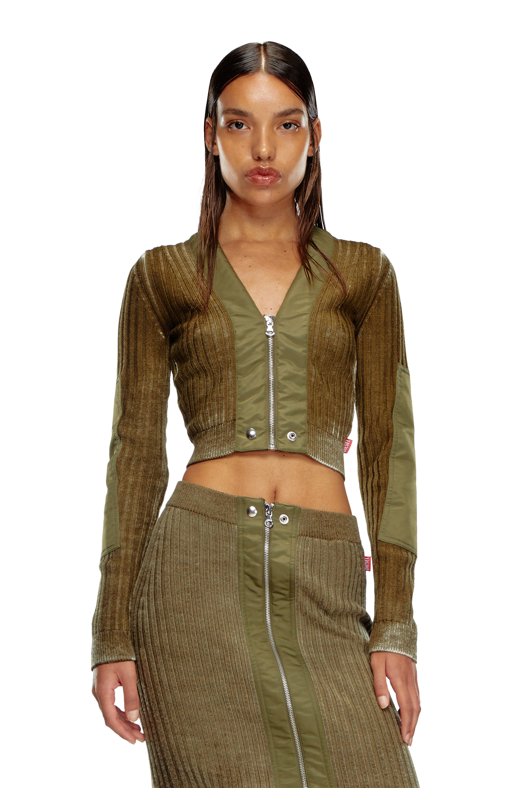 Diesel - M-ASERA, Cardigan cropped in lana e nylon Donna in Verde - 1