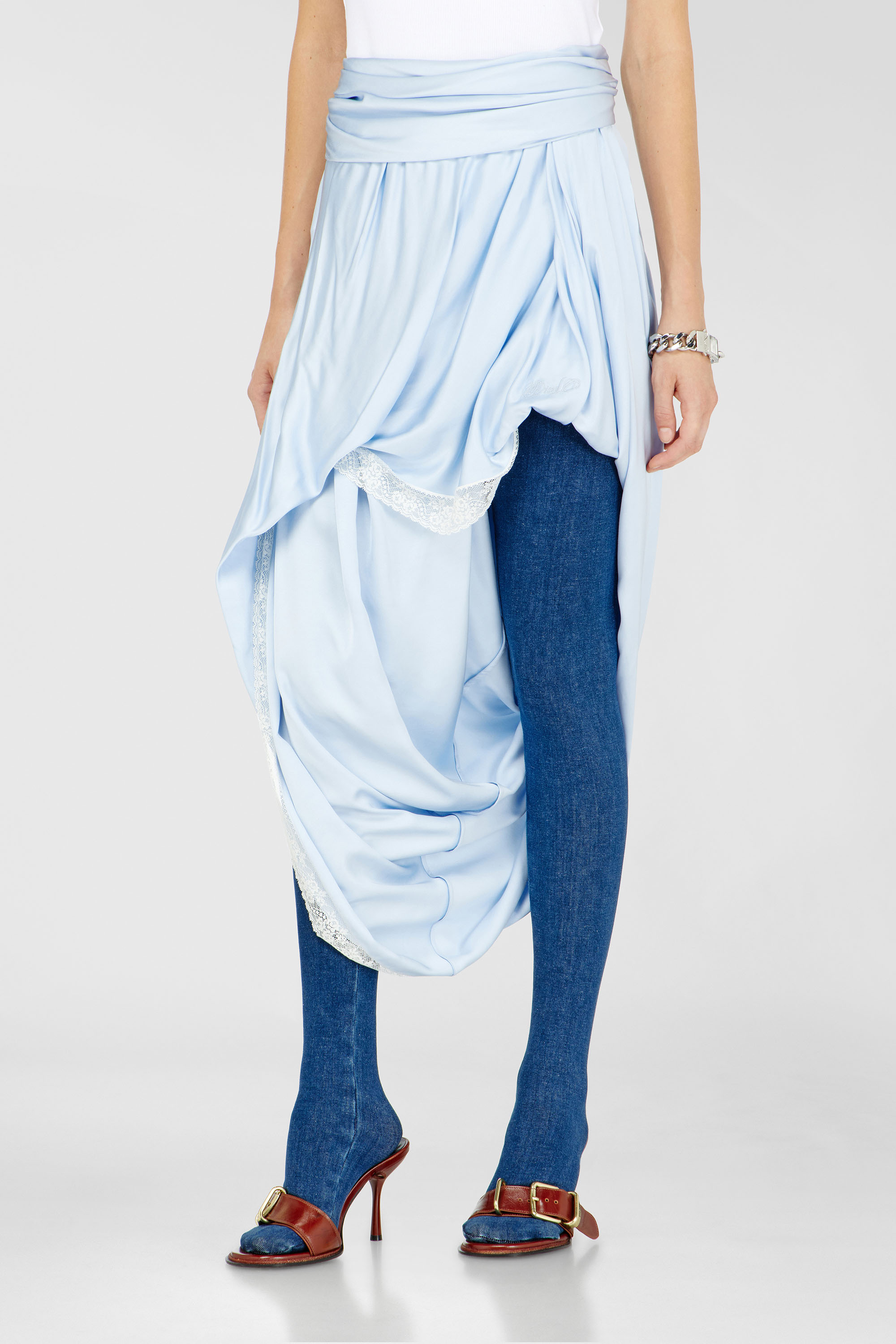Diesel - O-WANDA, Gonna midi in raso drappeggiato con bordo in pizzo Donna in Blu - 1
