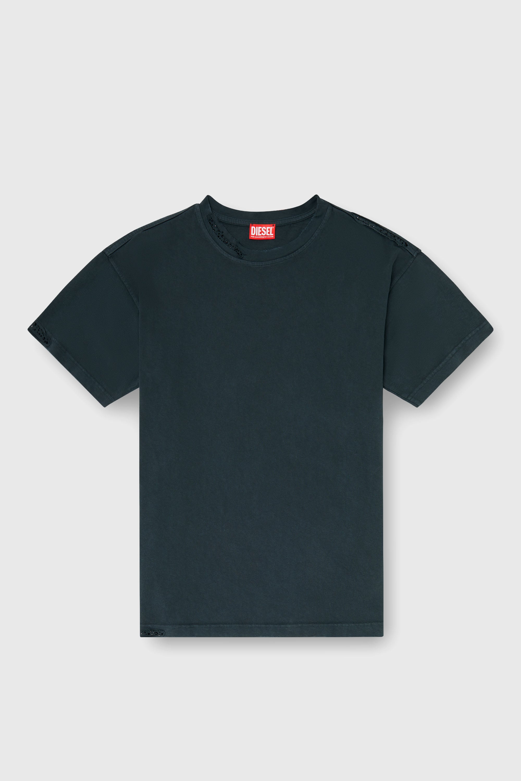 Diesel - T-NORM-CRYSTALS, T-shirt con bordi sfrangiati e dettagli in cristallo Uomo in Nero - 2
