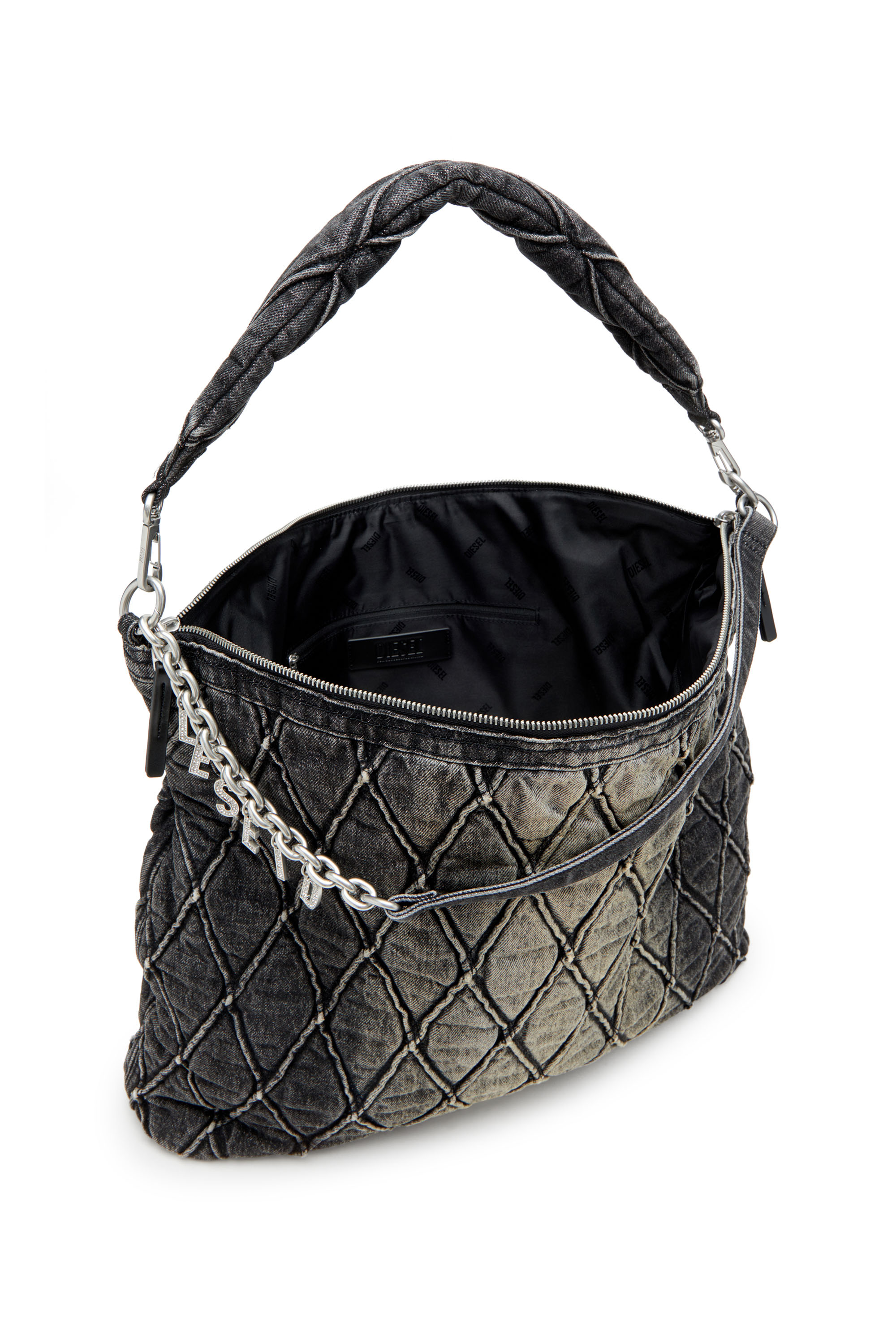 Diesel - CHARM-D HOBO, Borsa hobo large in denim trapuntato e trattato Donna in Nero - 4