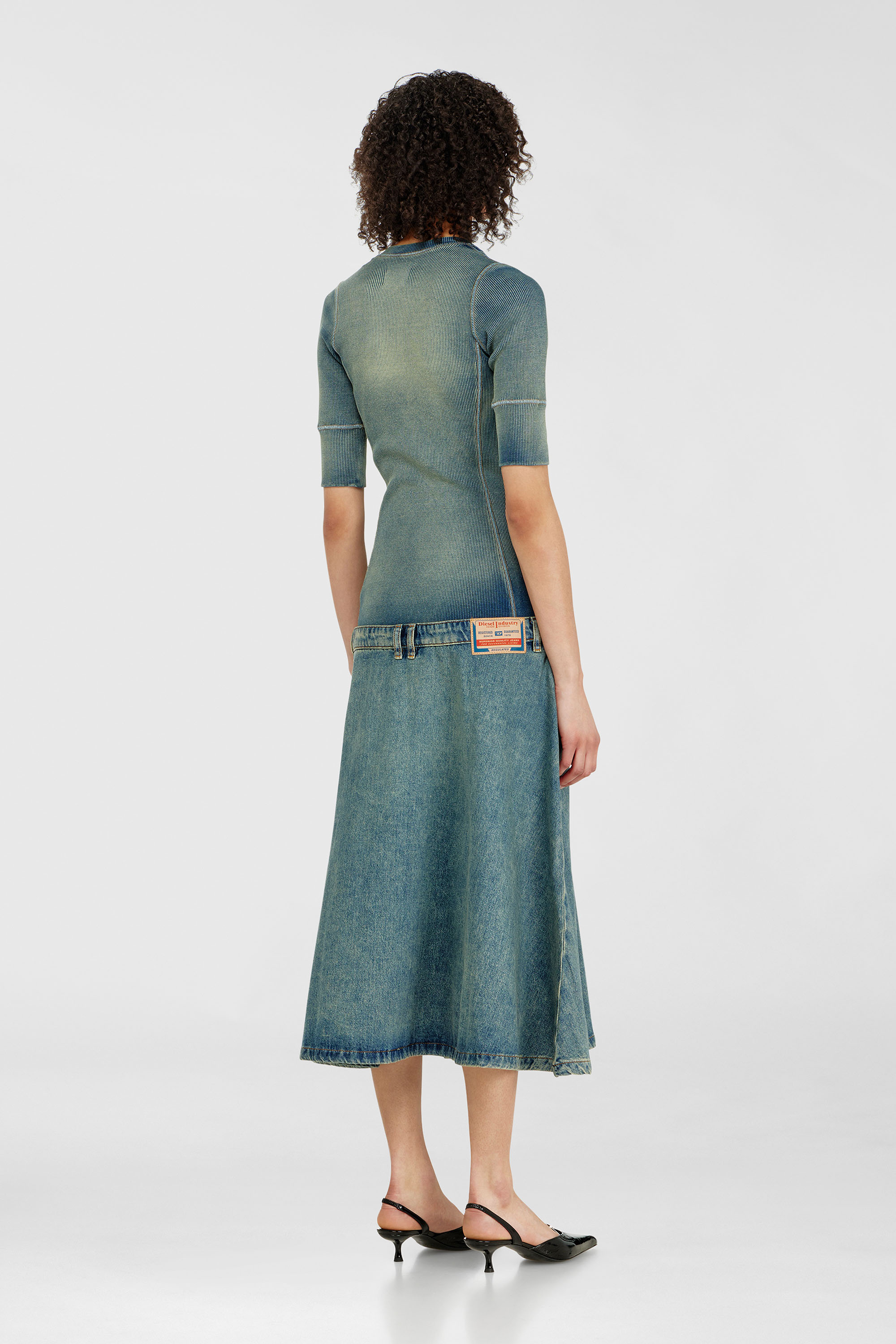 Diesel - DE-ANIM-S, Woman's Drop-waist midi dress in knit and denim in Medium blue - 4