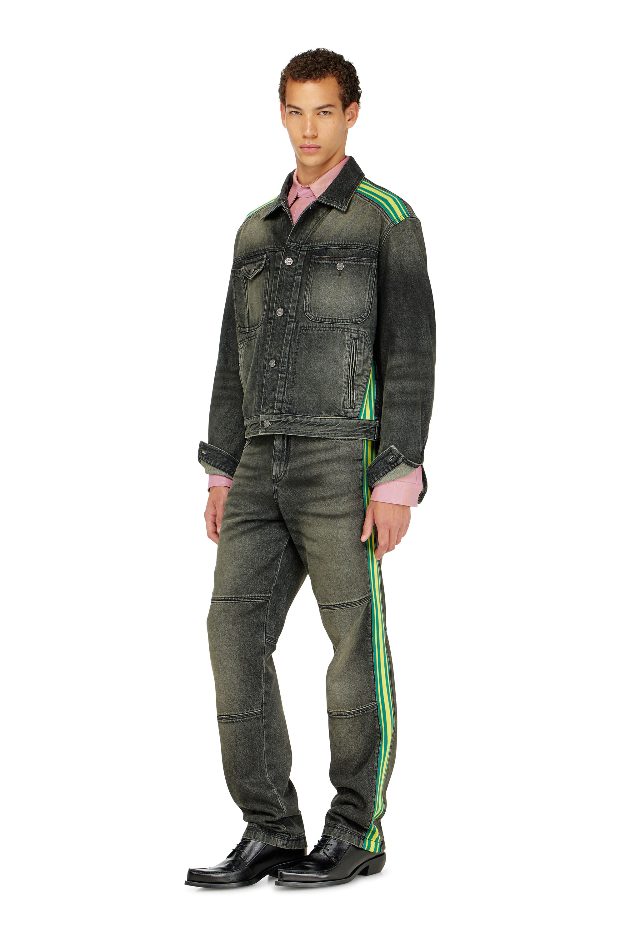 Diesel - D-BAS-FSJ1, Giacca trucker con bande a righe sulle spalle Uomo in Nero - 1
