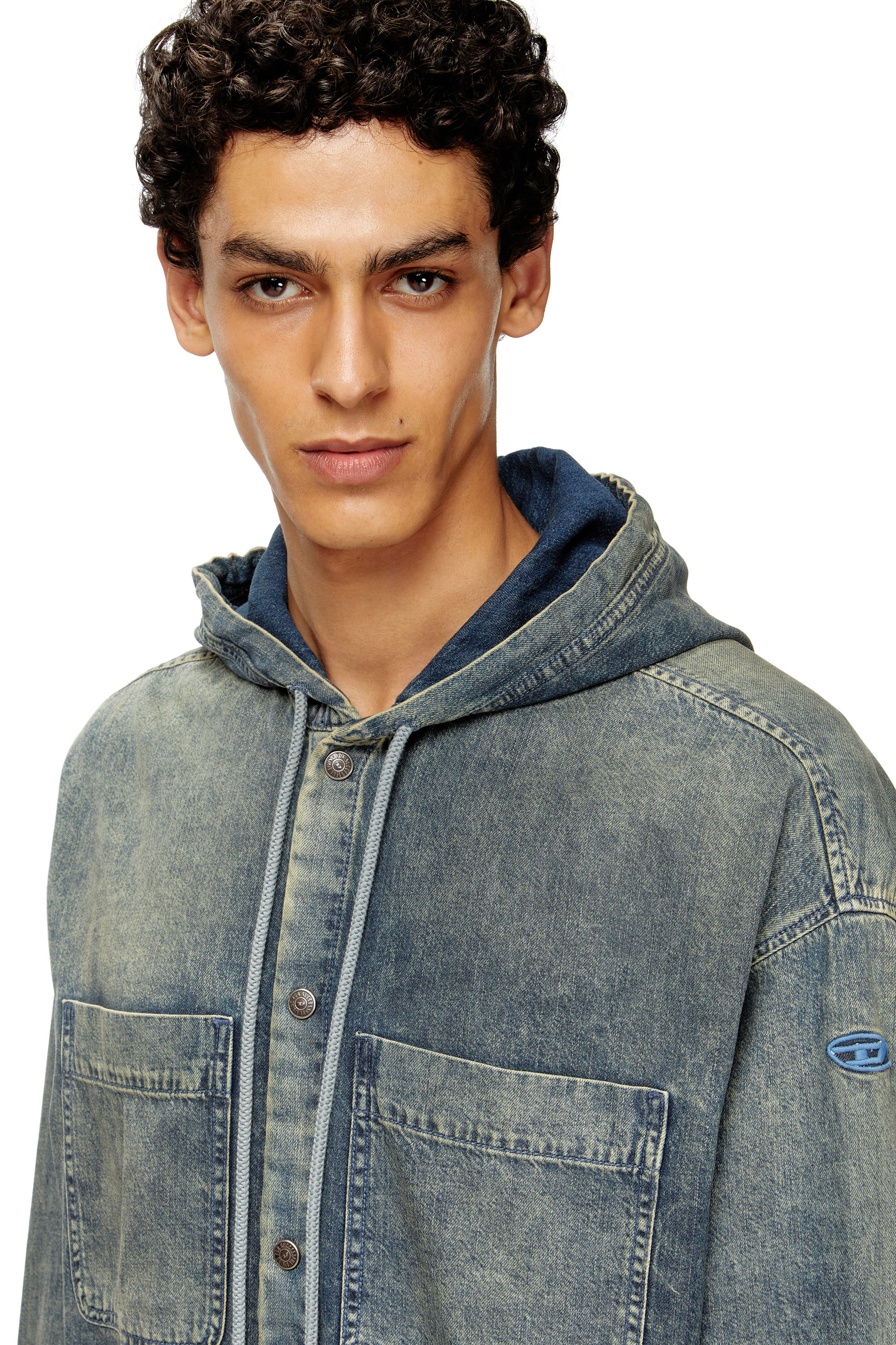 Diesel - D-DEWNY-HOOD-S2, Man's Overshirt in marbled coated denim in Medium blue - 5