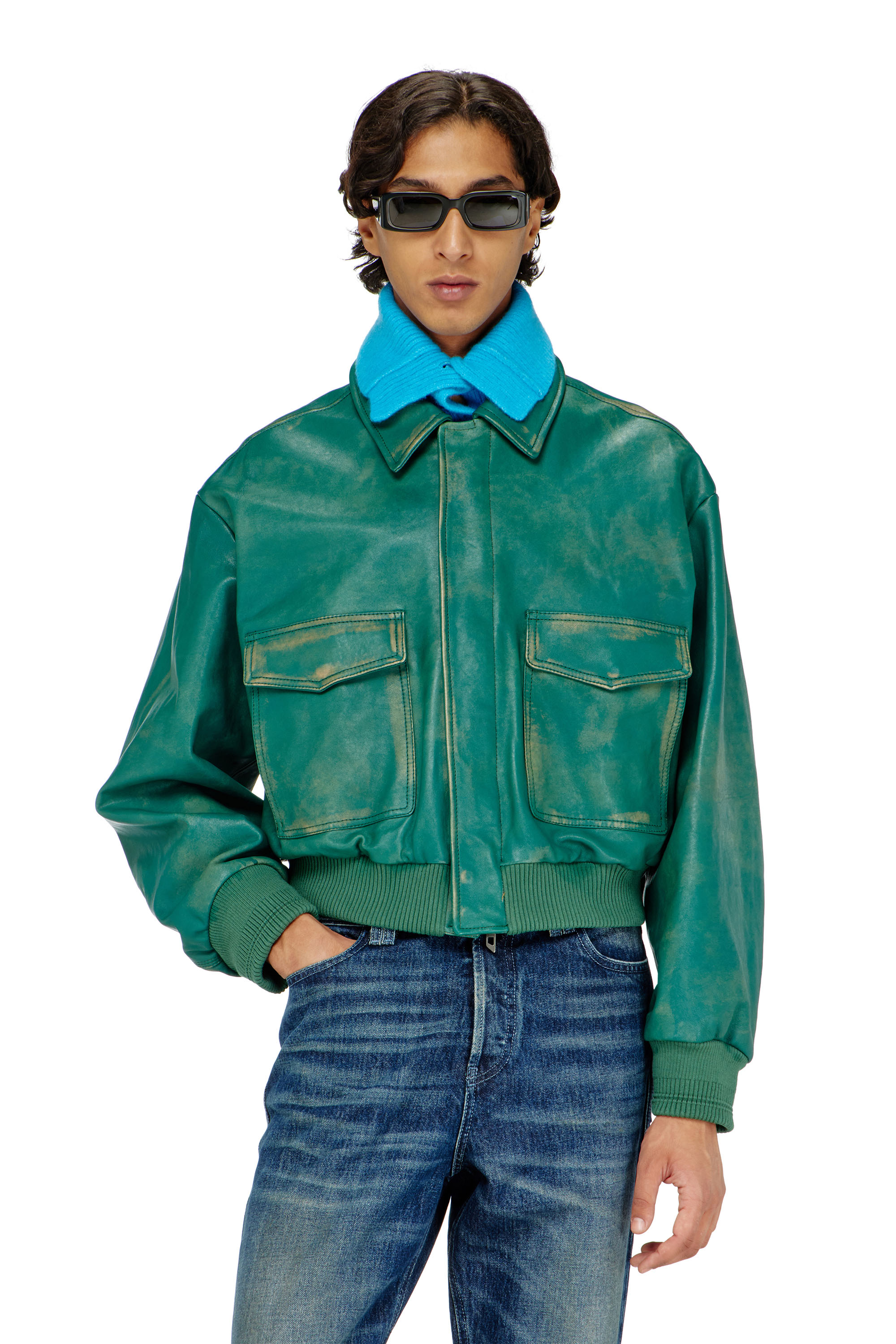 Diesel - L-UMAN, Giacca aviator in pelle lavorata Uomo in Verde - 3