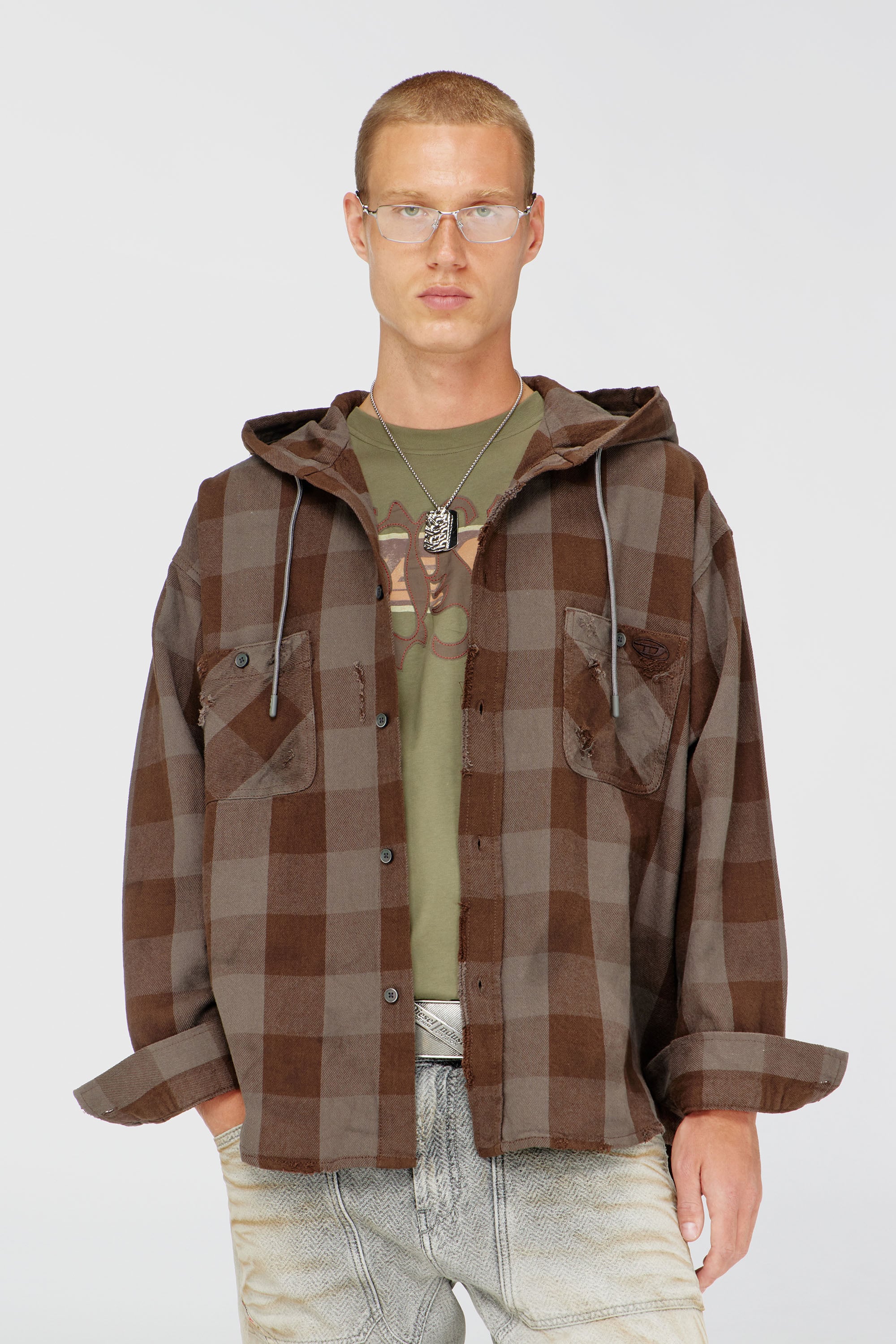 Diesel - S-DRUM-HOODY, Camicia con cappuccio effetto distressed in flanella a quadri Uomo in Marrone - 1