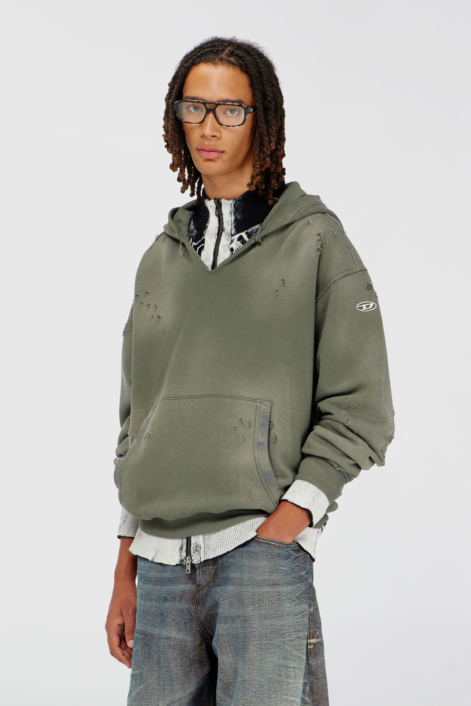 Diesel - S-KEITHY, Hoodie effetto distressed con scollo a V Uomo in Grigio - 1