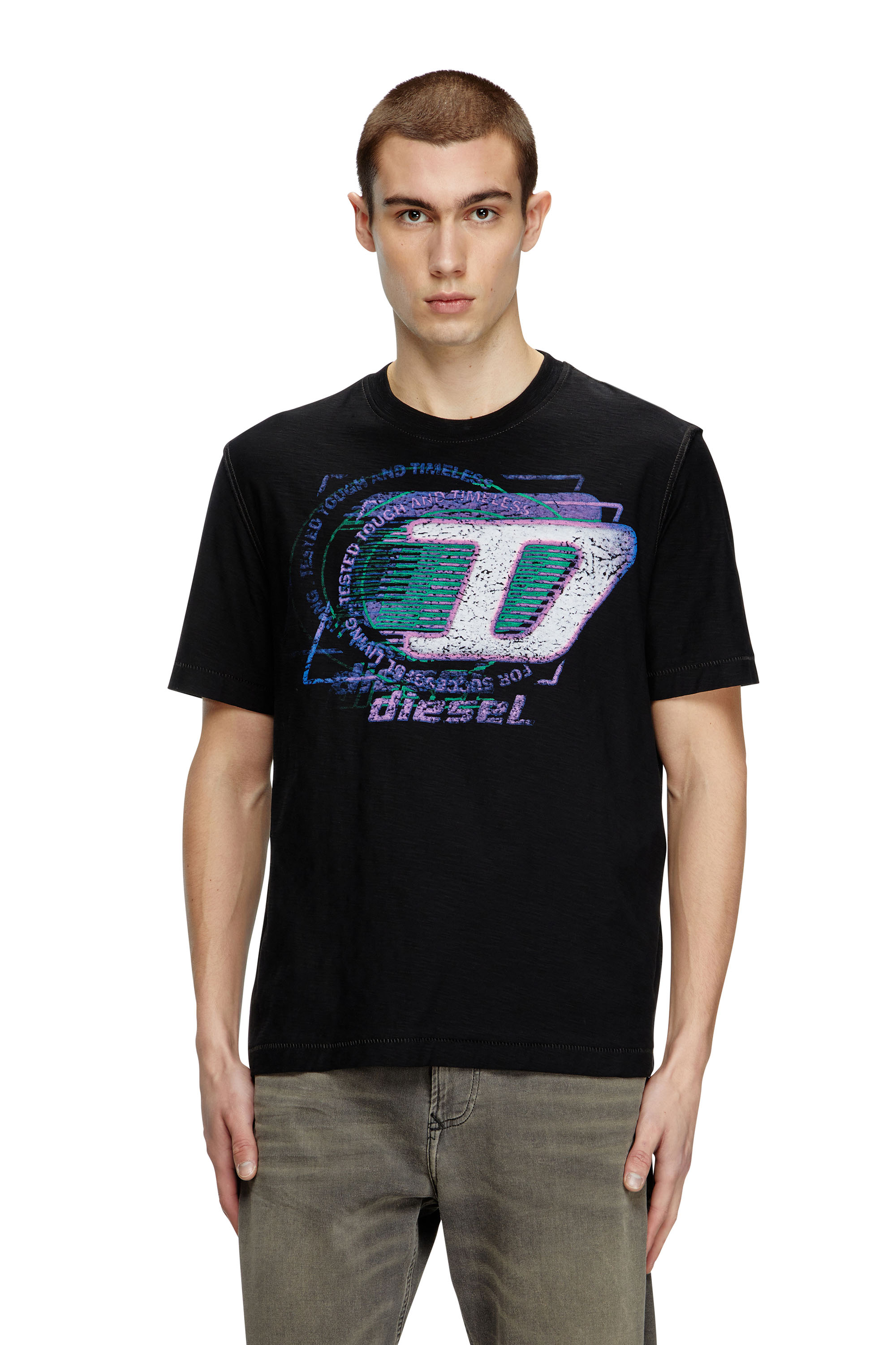 Diesel - T-ADJUST-R11, T-shirt fiammata con logo floccato Uomo in Nero - 1