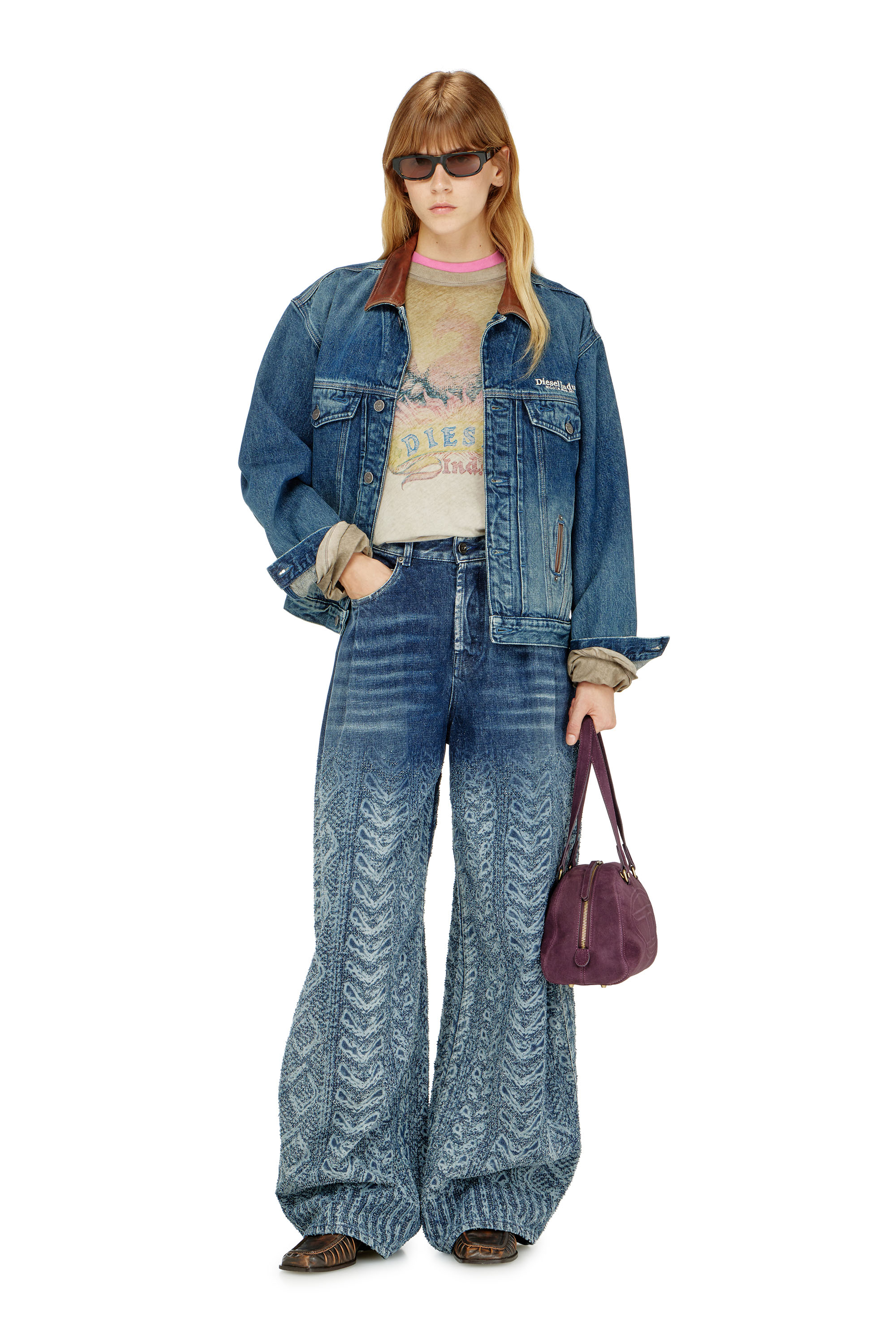 Diesel - D-DENVER-S1, Unisex's Denim trucker jacket with contrast leather trims in Blue - 2