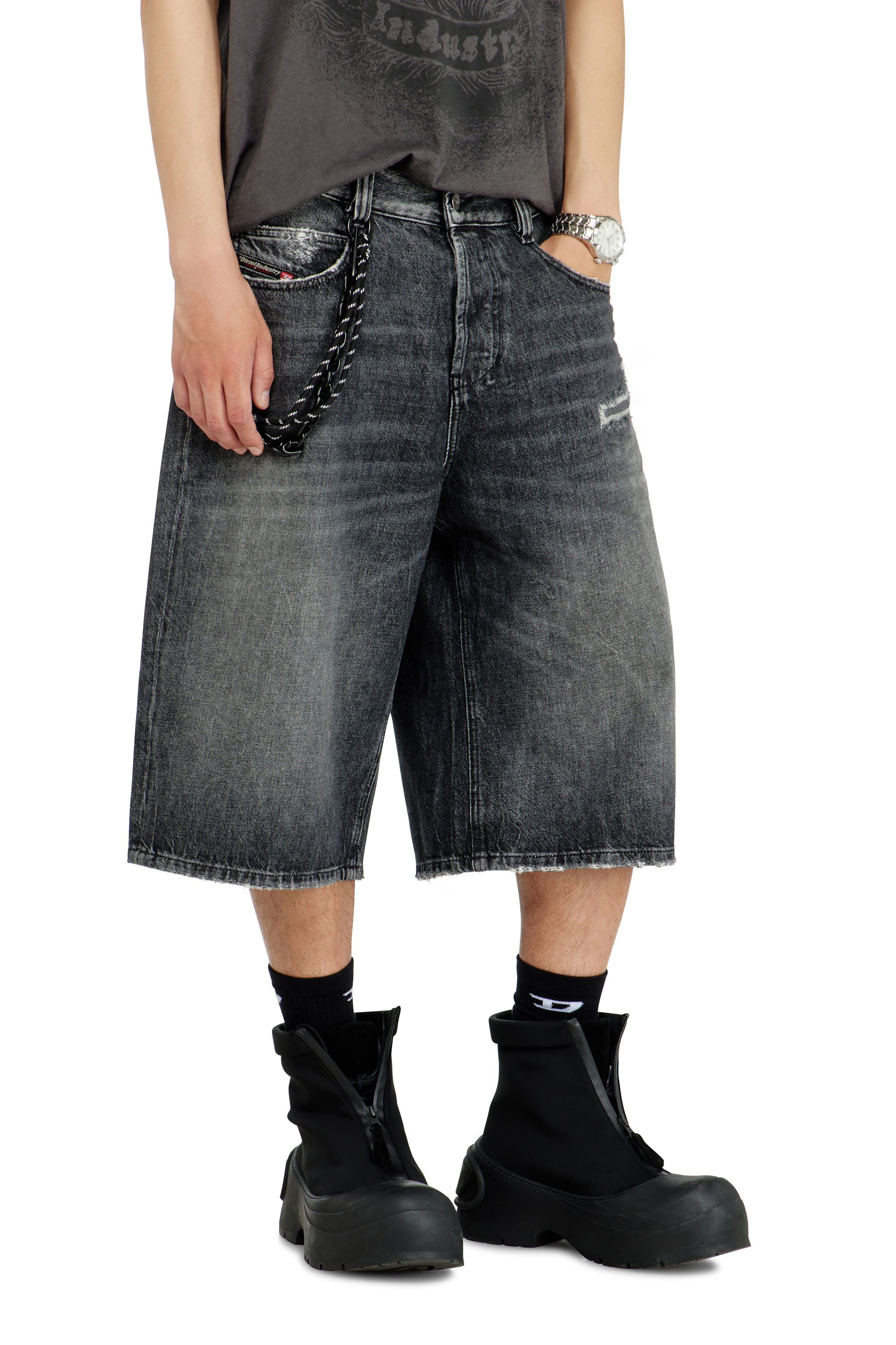 Diesel - D-ENIM-M-SHORT, Pantaloni corti relaxed in denim con rotture Unisex in Grigio - 4