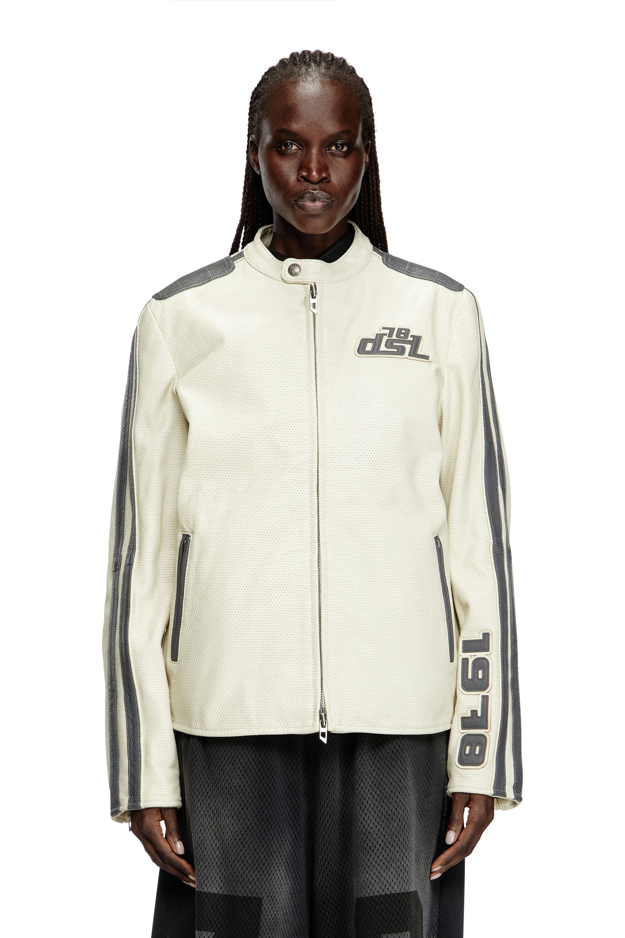 Diesel - L-POP, Giacca biker in pelle traforata Unisex in Bianco - 6