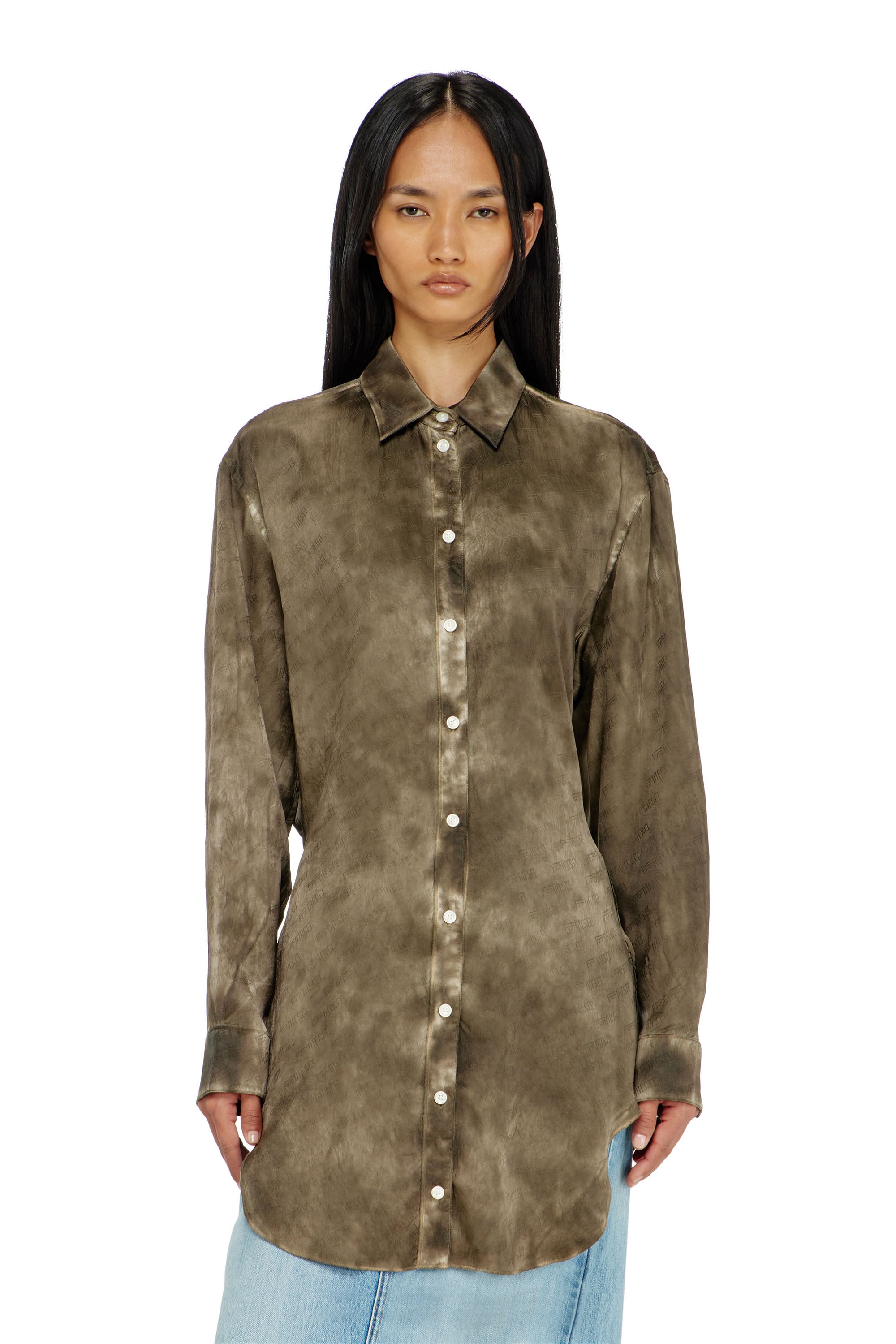 Diesel - C-LAVEL, Camicia lunga in raso crinkle jacquard con logo Donna in Verde - 4