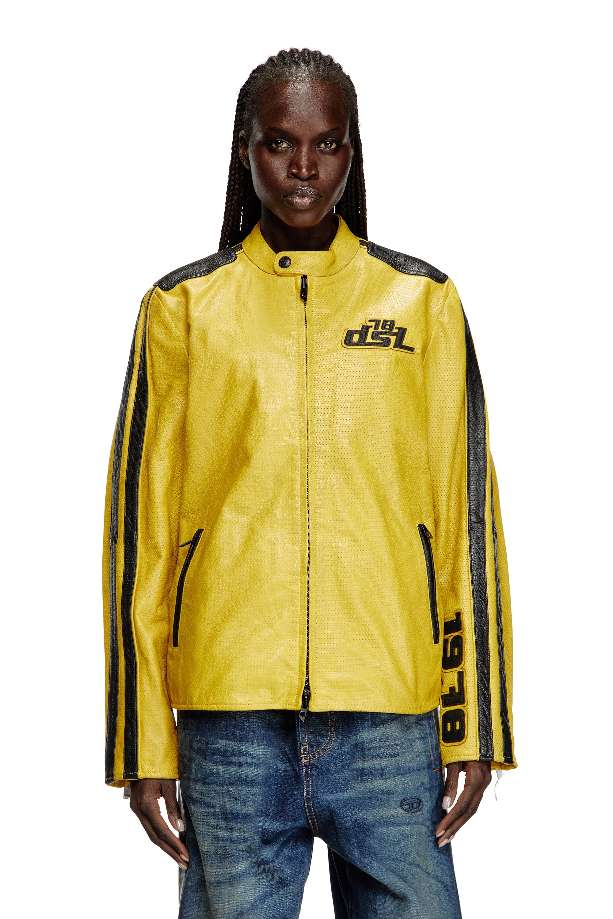 Diesel - L-POP, Giacca biker in pelle traforata Unisex in Giallo - 6