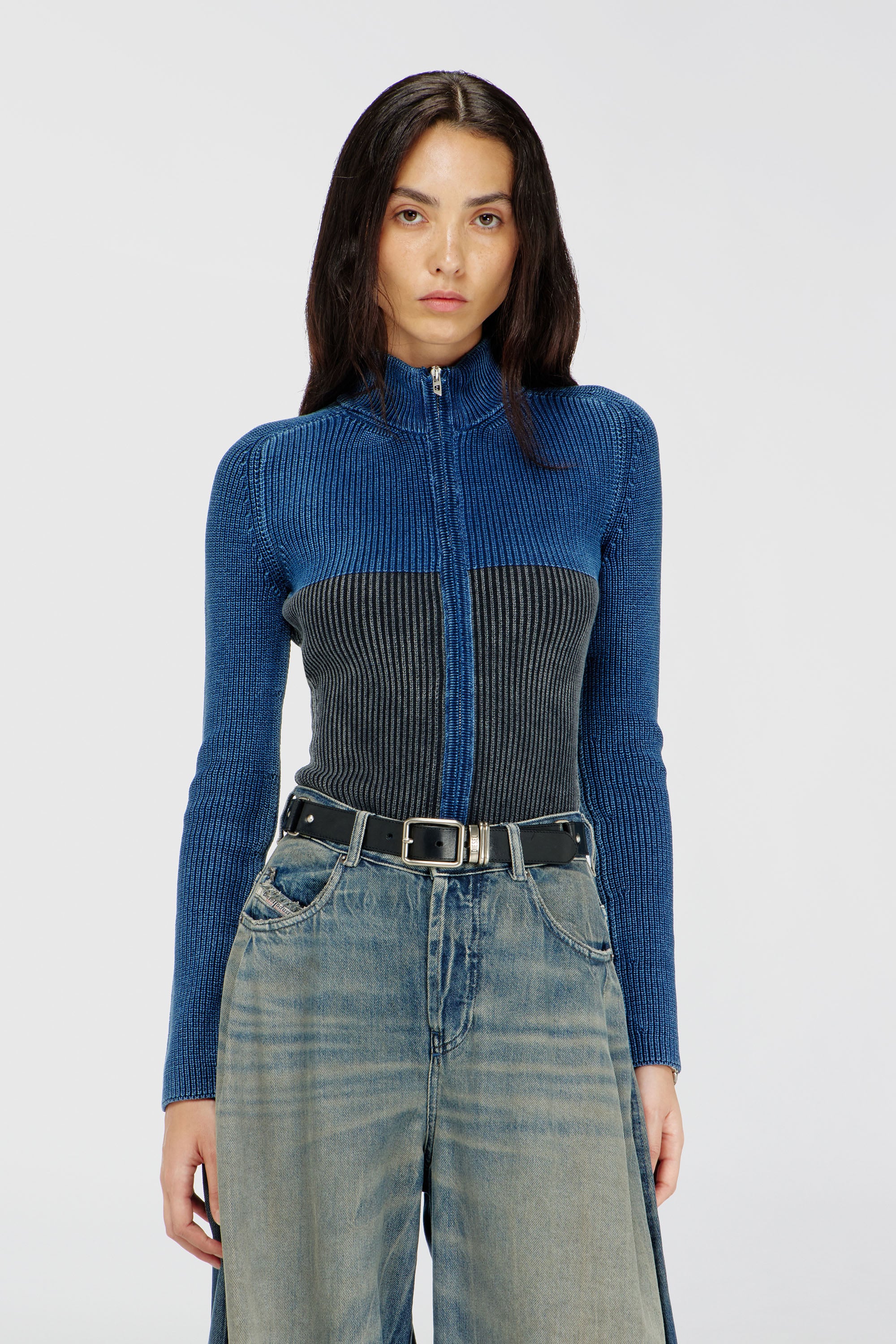 Diesel - M-HERMOSITA, Cardigan con zip effetto denim bicolore Donna in Multicolor - 1