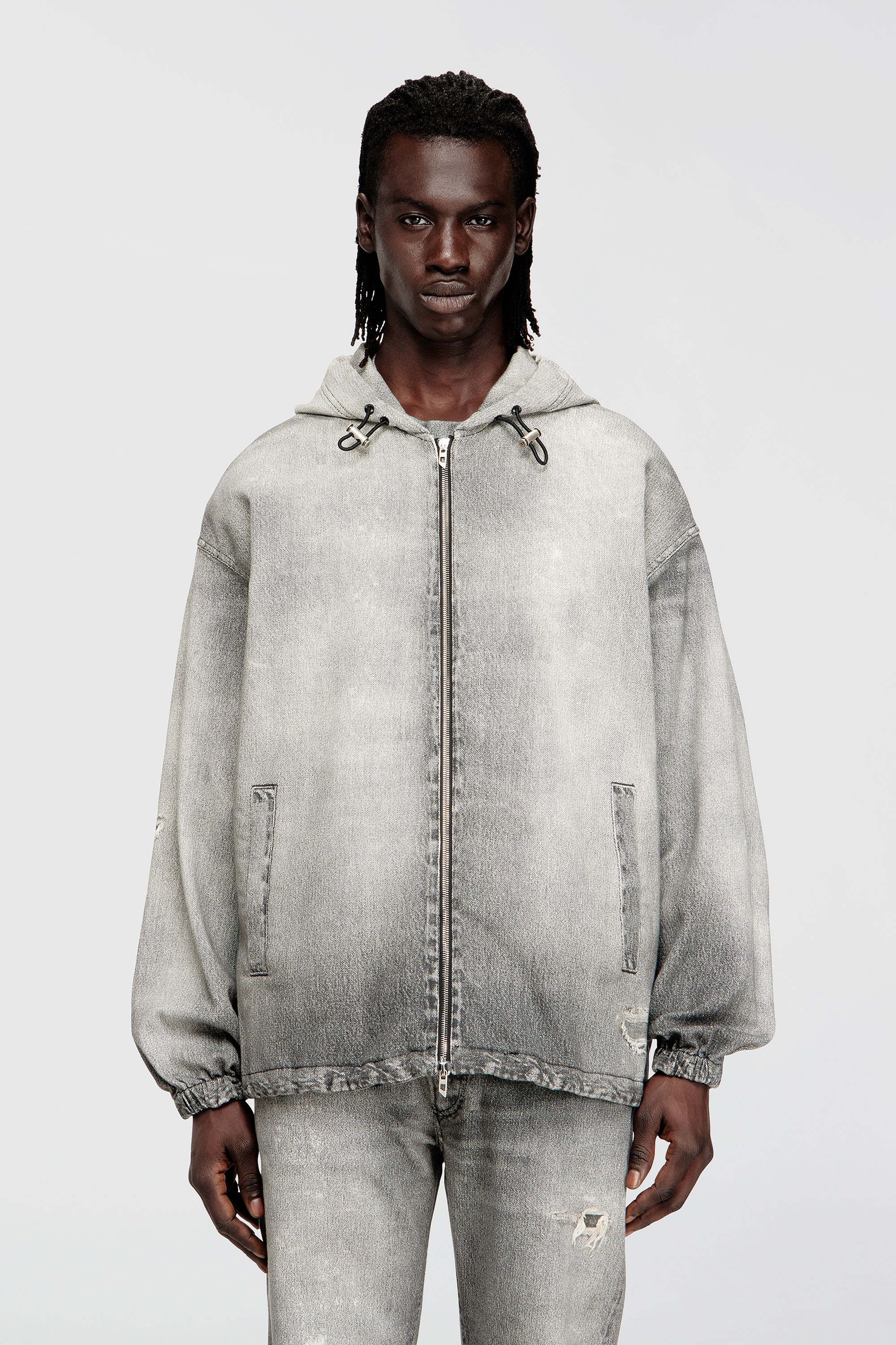 Diesel - D-WYNNY JOGG, Giacca con cappuccio in JoggJeans trompe l'oeil Uomo in Grigio - 1