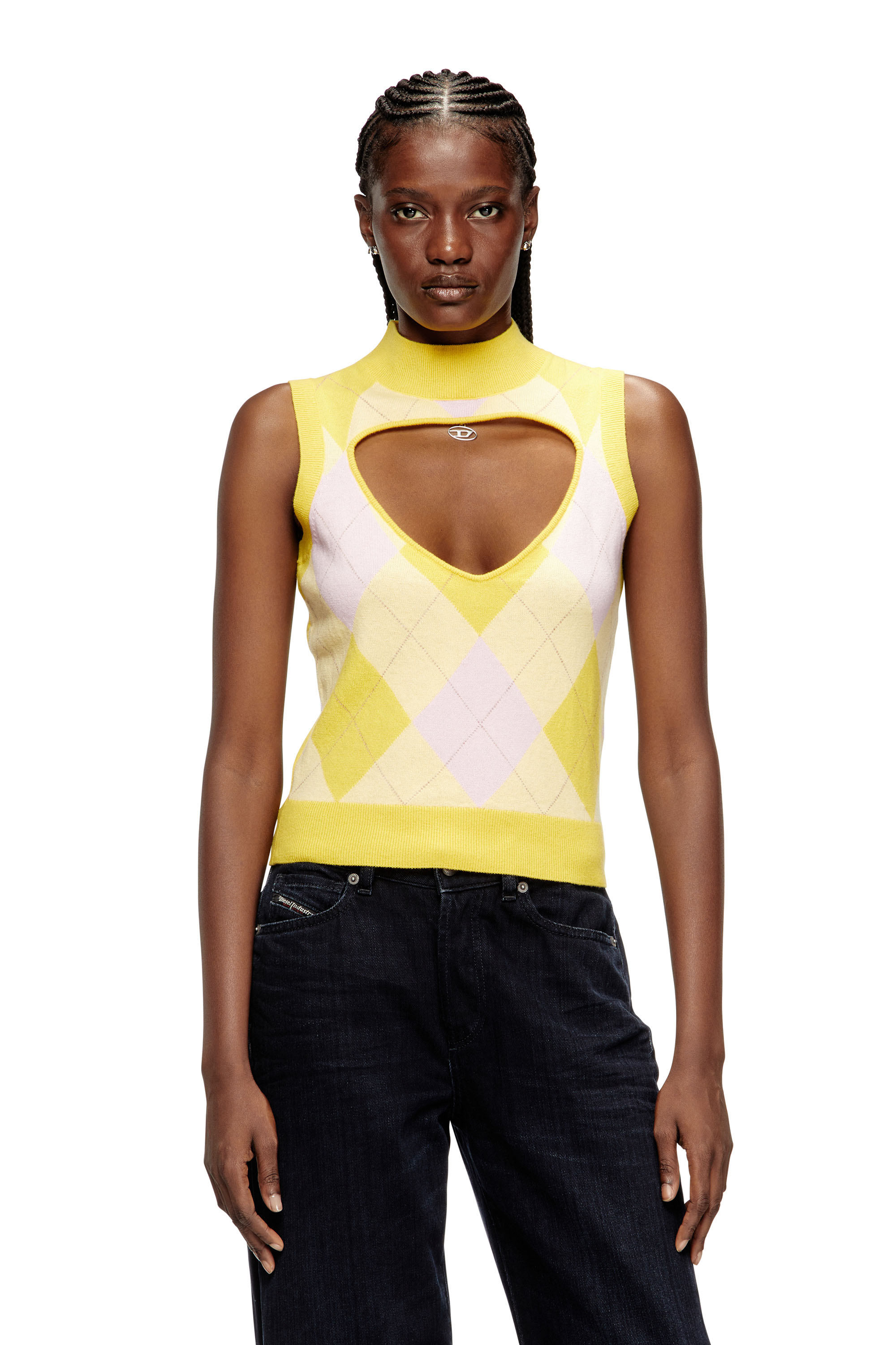 Diesel - M-ROMKO-SL, Smanicato in lana a rombi con dolcevita e cut-out Donna in Giallo - 1