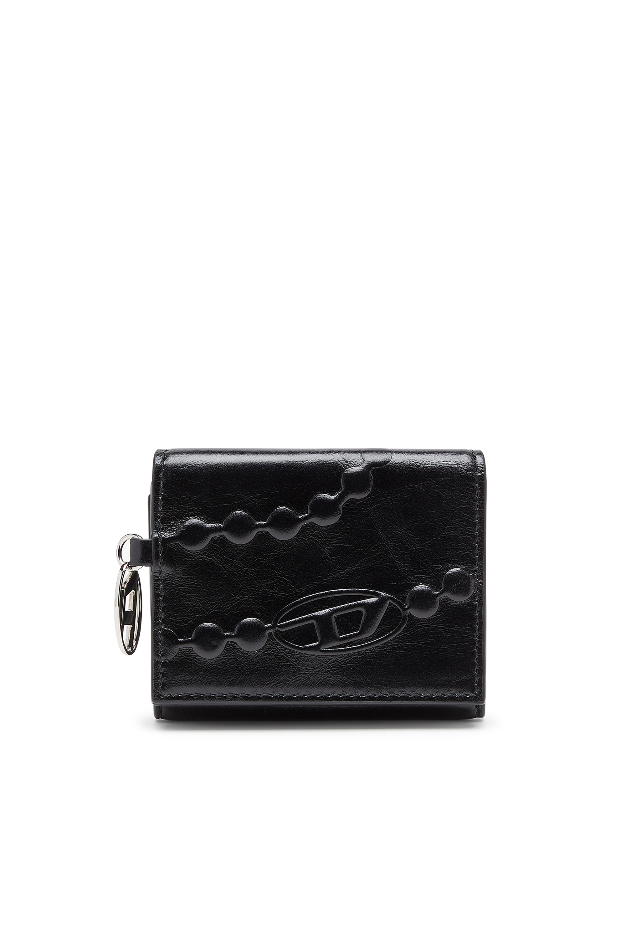 Diesel - OVAL-D TRI FOLD ZIP COIN XS II, Portafoglio tri-fold in pelle con motivo embossato Donna in Nero - 1