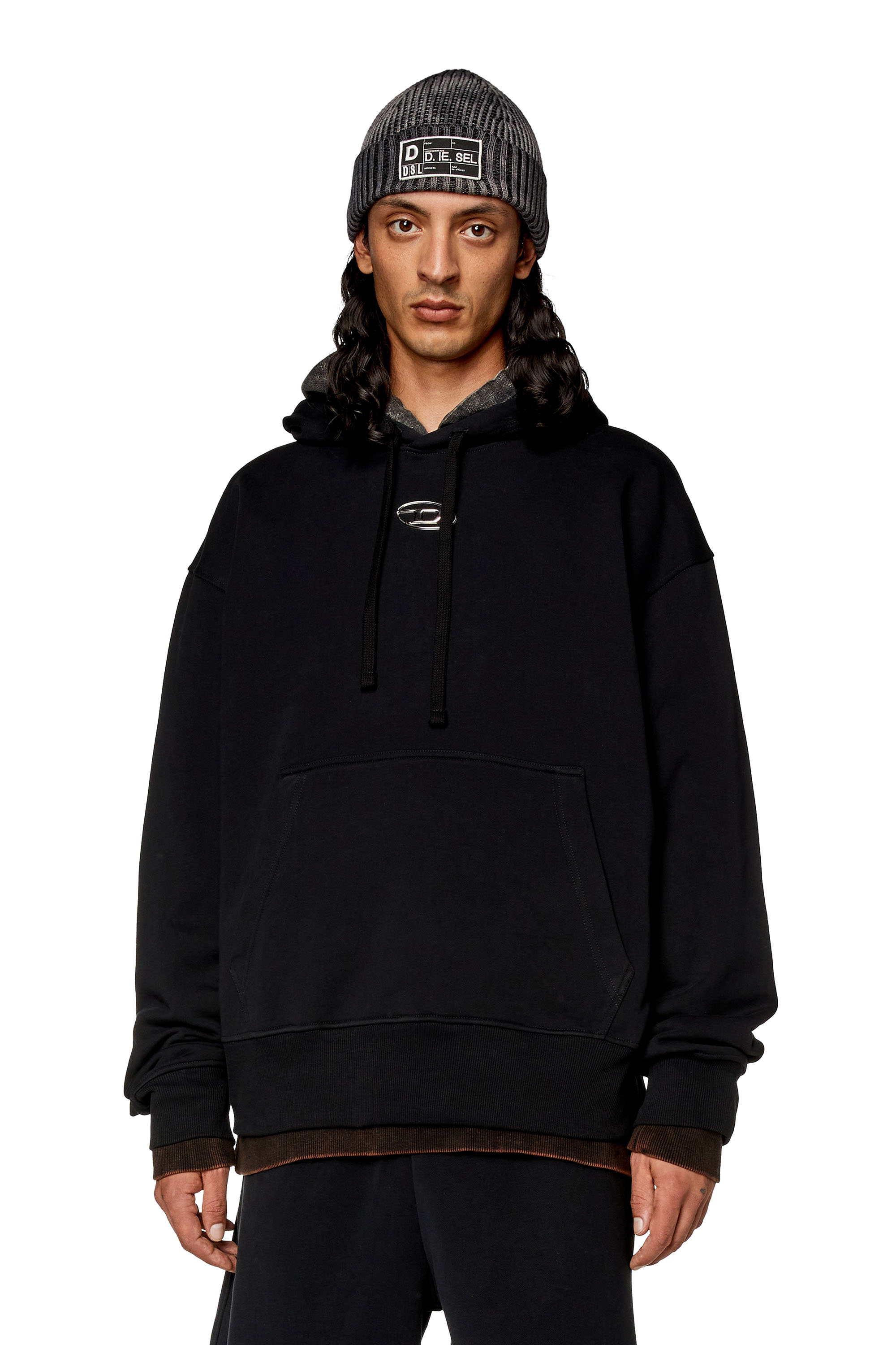 Diesel - S-MACS-HOOD-OD, Hoodie oversize con logo metallico Uomo in Nero - 1