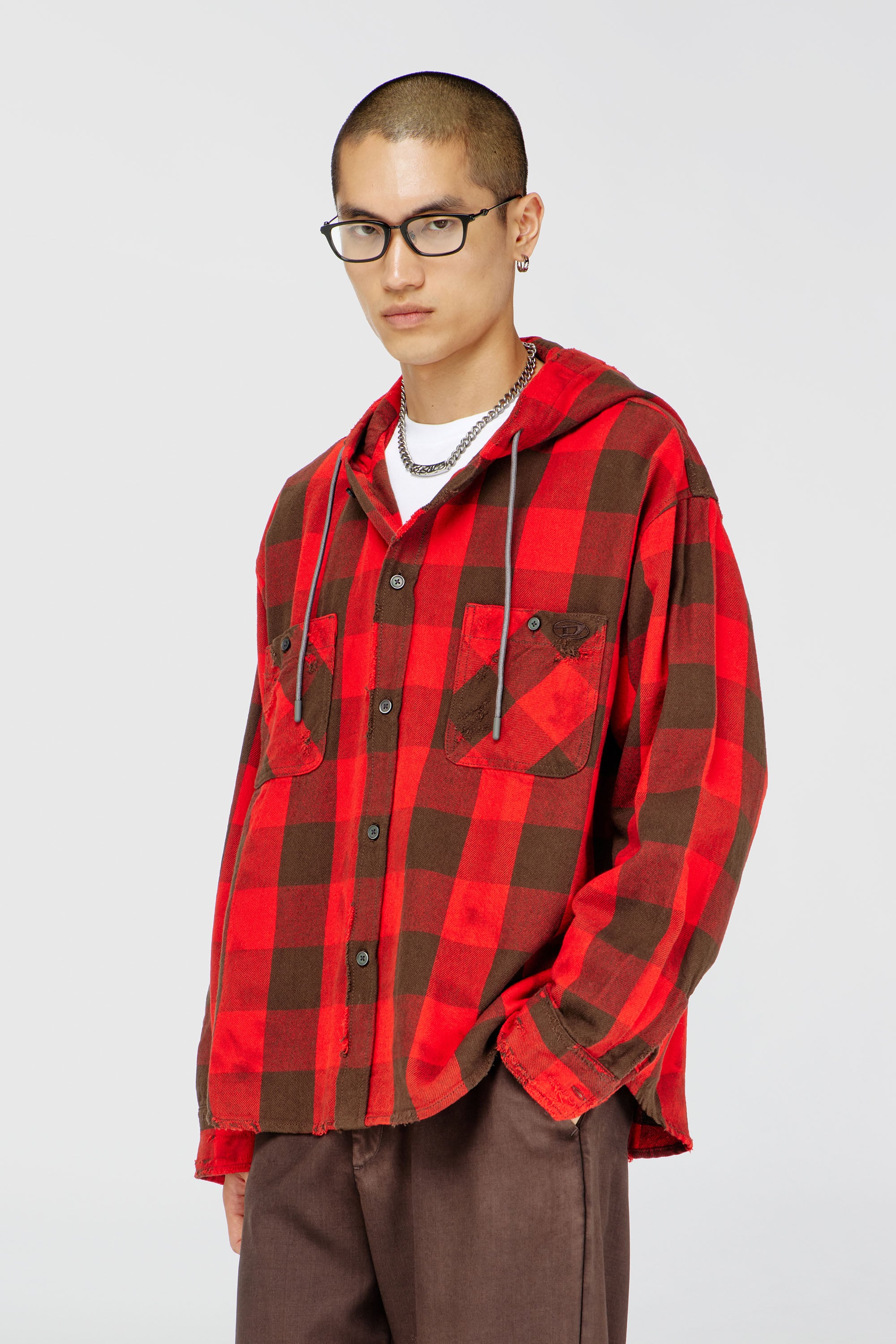 Diesel - S-DRUM-HOODY, Camicia con cappuccio effetto distressed in flanella a quadri Uomo in Multicolor - 3