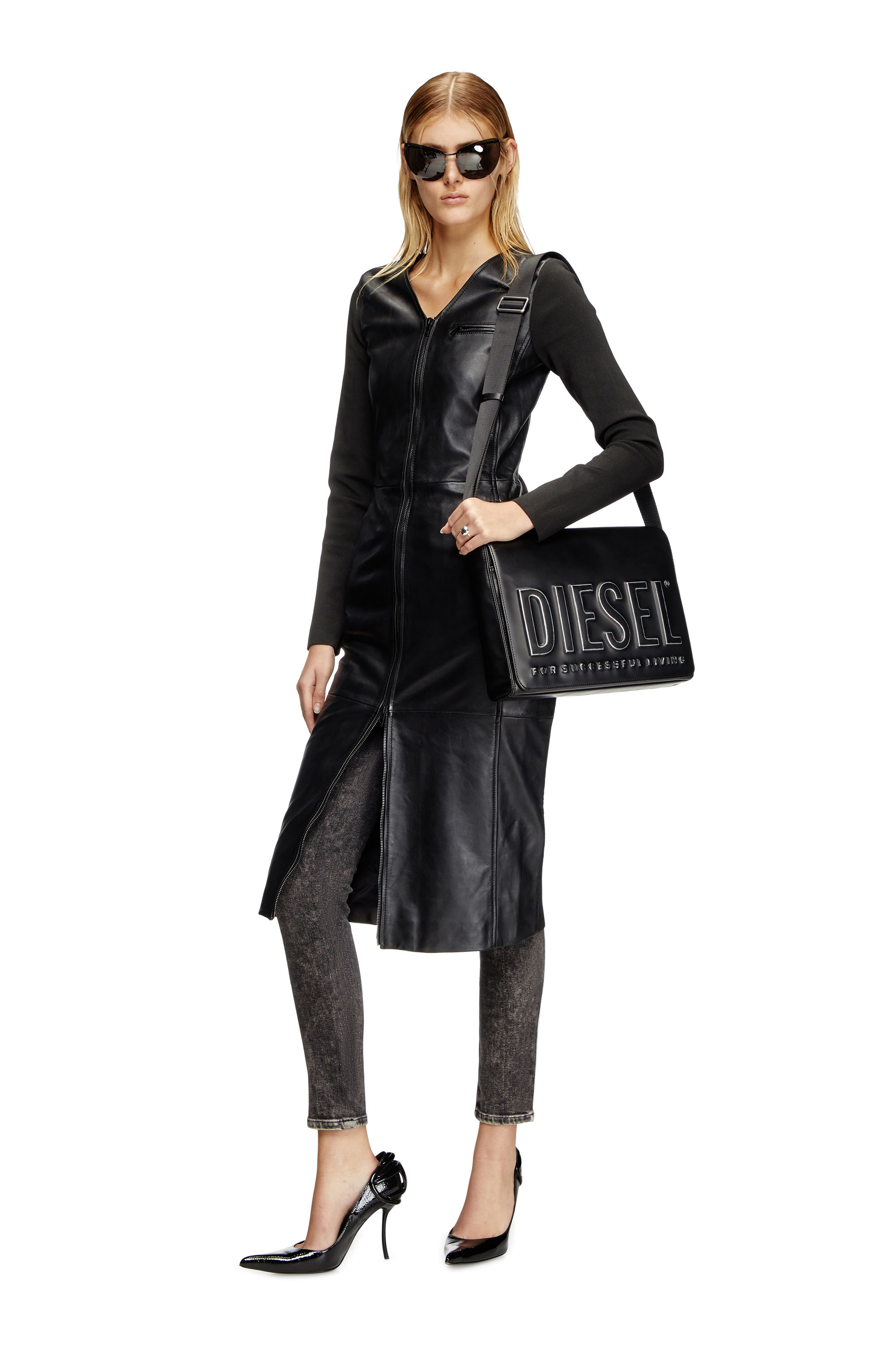 Diesel - L-OLA, Abito in pelle e maglia stretch Donna in Nero - 1