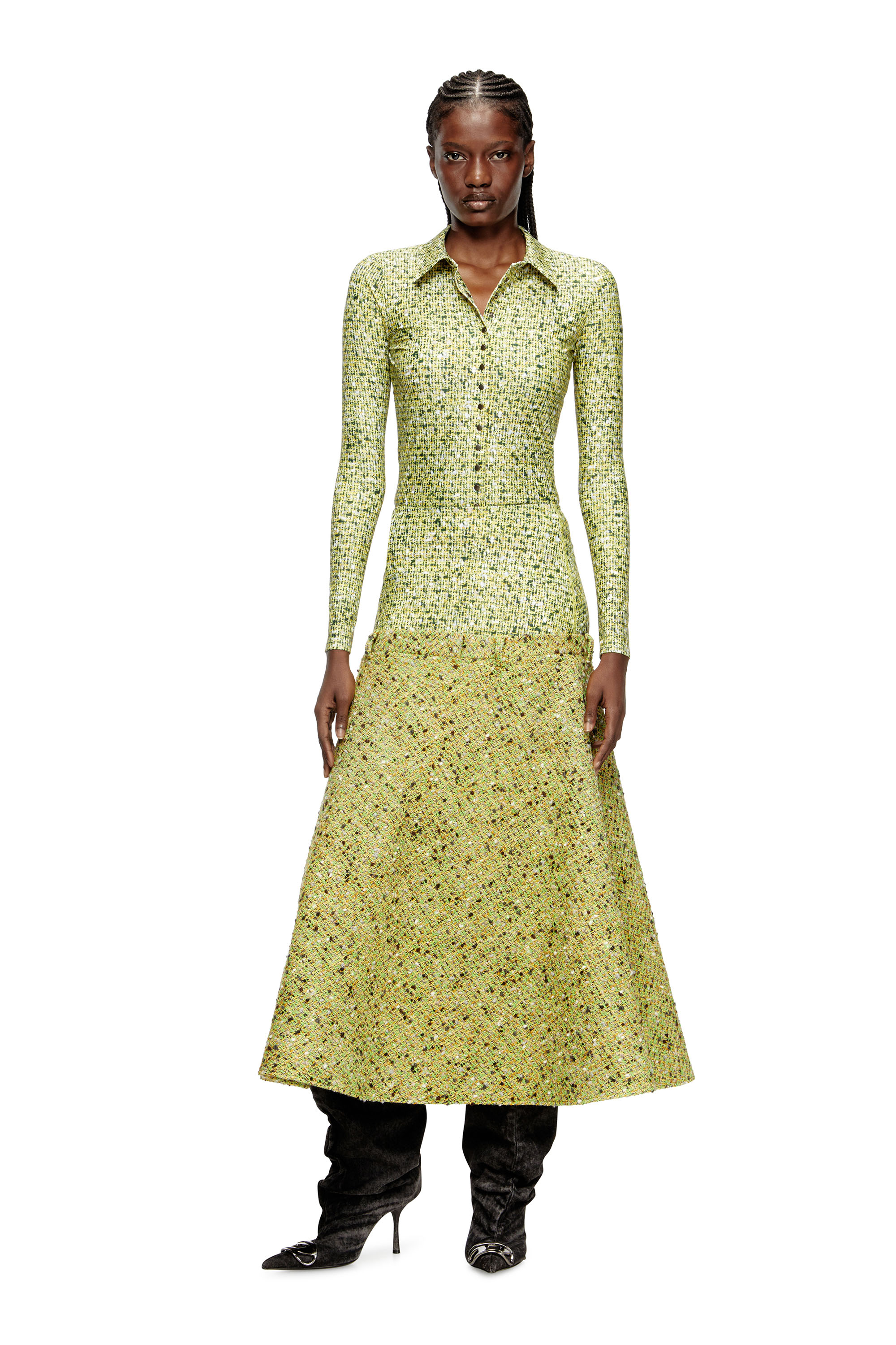 Diesel - O-GRACE-MIX, Gona bouclé con vita in lycra Donna in Verde - 2