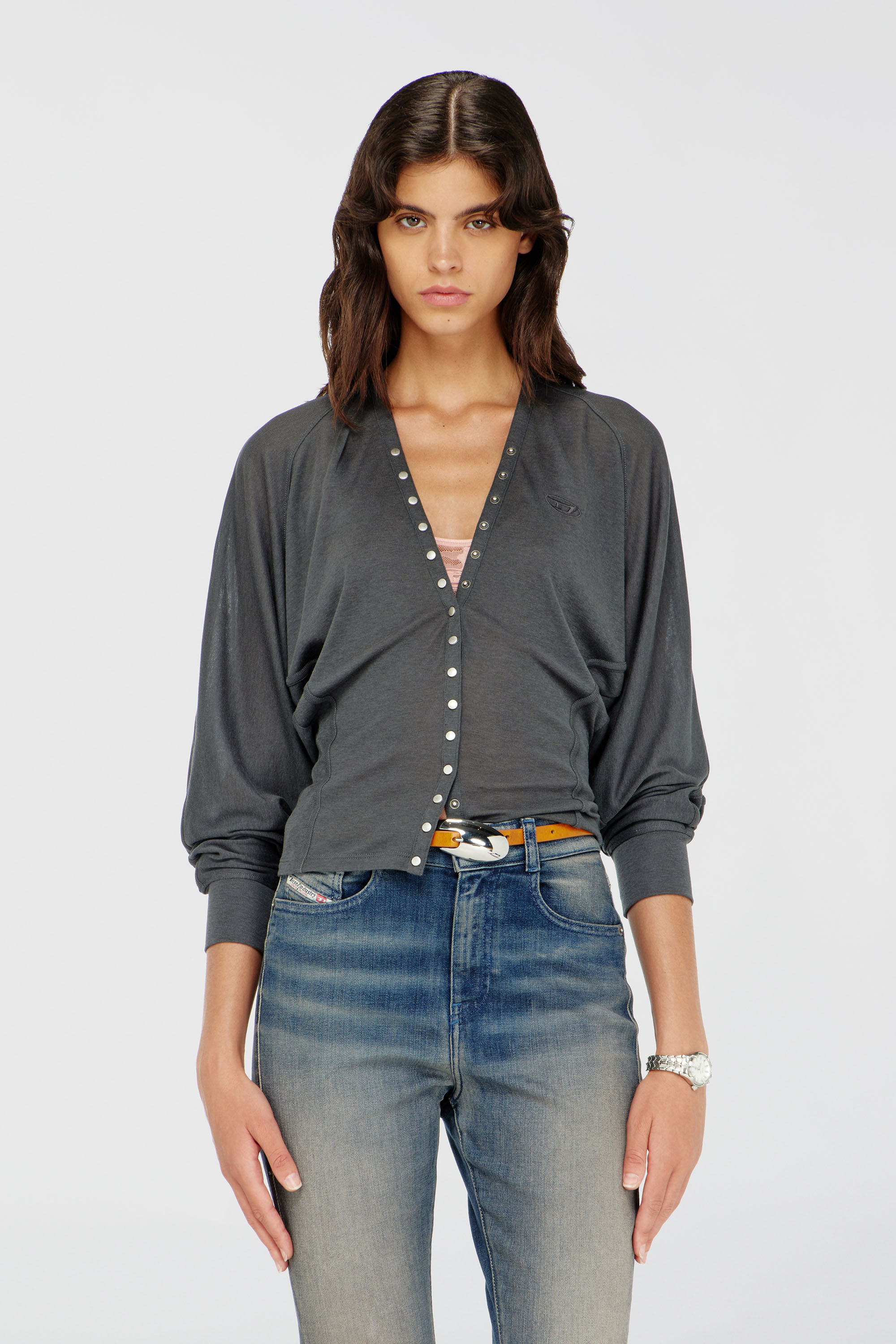 Diesel - T-ISERINA, Woman's Tencel-blend cardigan top with batwing sleeves in Grey - 1