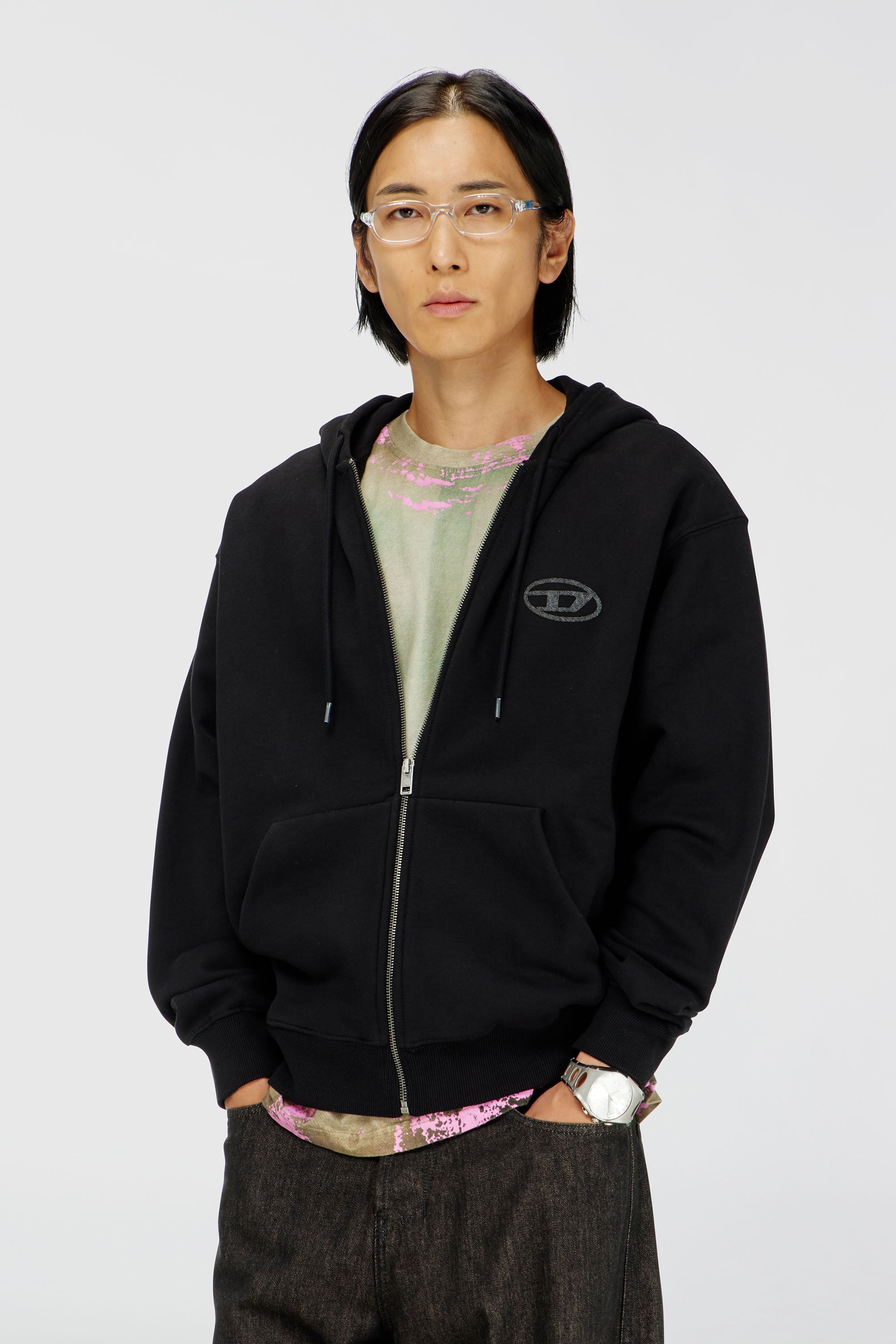 Diesel - S-LUK-HZ-T92, Felpa con cappuccio in cotone con ricamo Oval D tono su tono Uomo in Nero - 1
