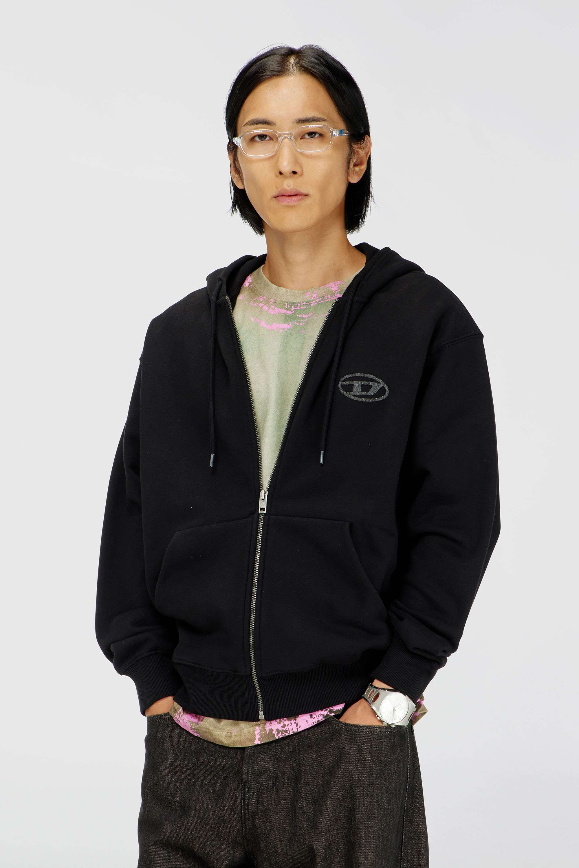 Diesel - S-LUK-HZ-T92, Felpa con cappuccio in cotone con ricamo Oval D tono su tono Uomo in Nero - 3
