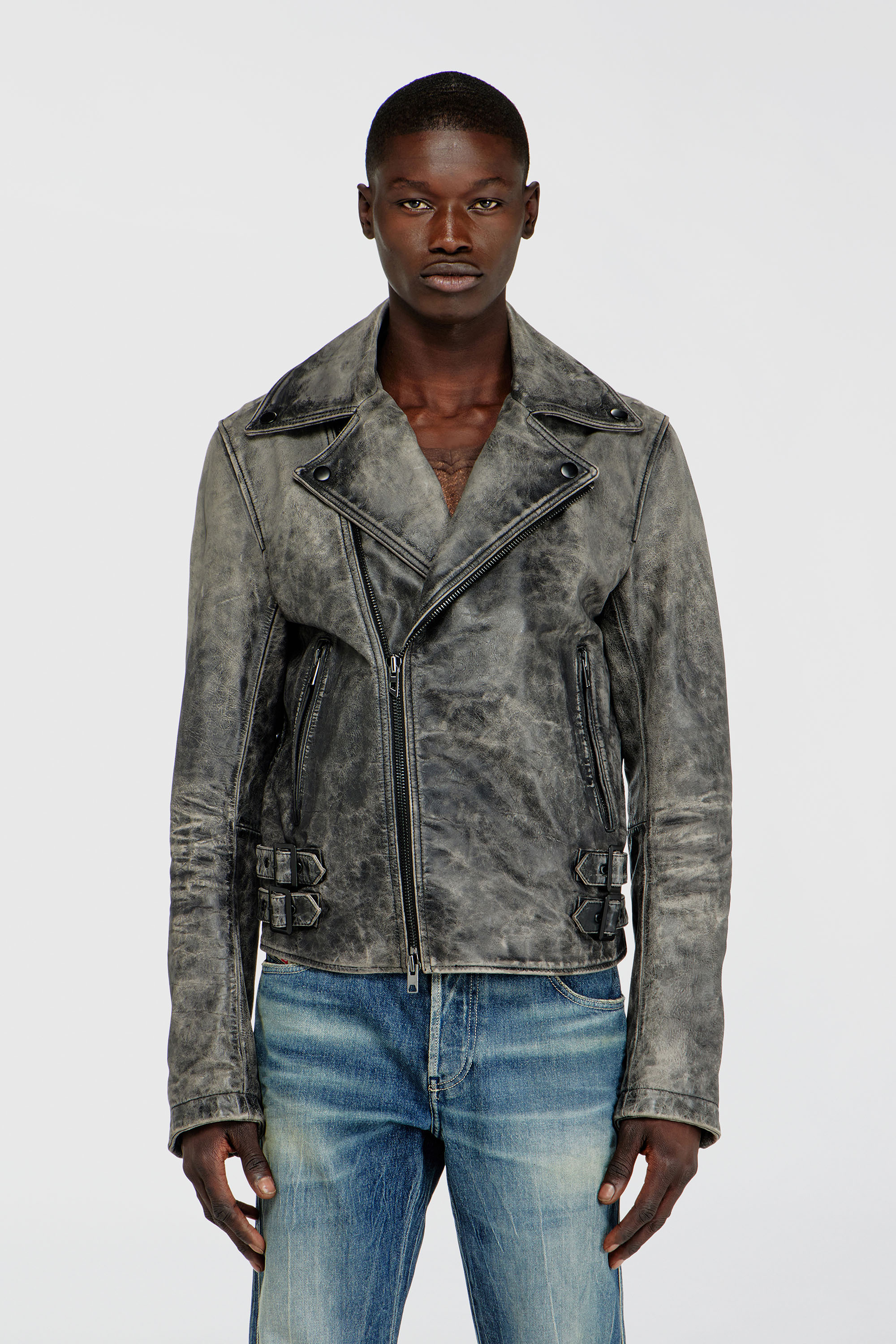 Diesel - L-EON-CJCM, Giacca biker in pelle lavorata Uomo in Grigio - 1