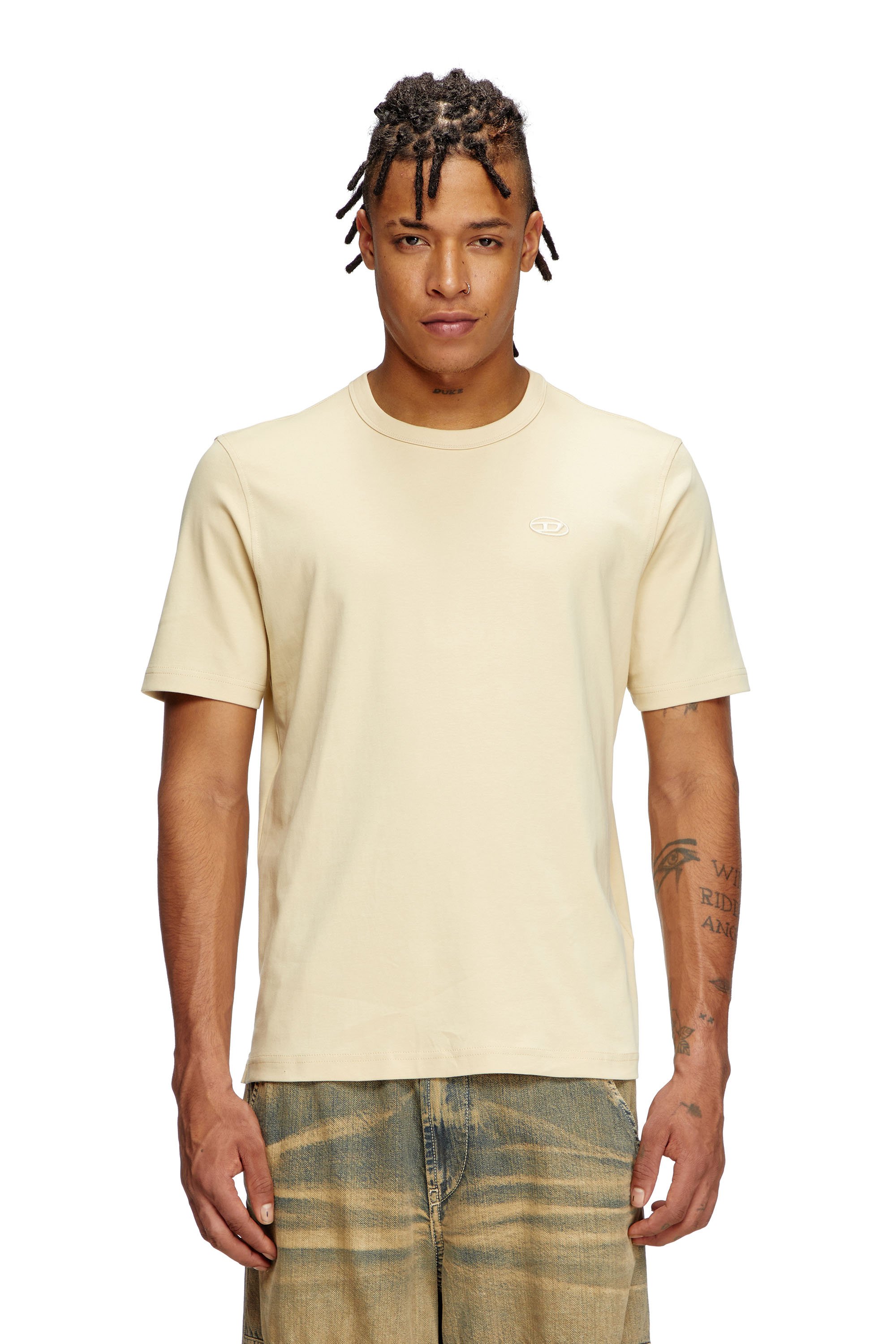 Diesel - T-ADJUST-SLITS-R17, Man's T-shirt with tonal logo embroidery in Beige - 1