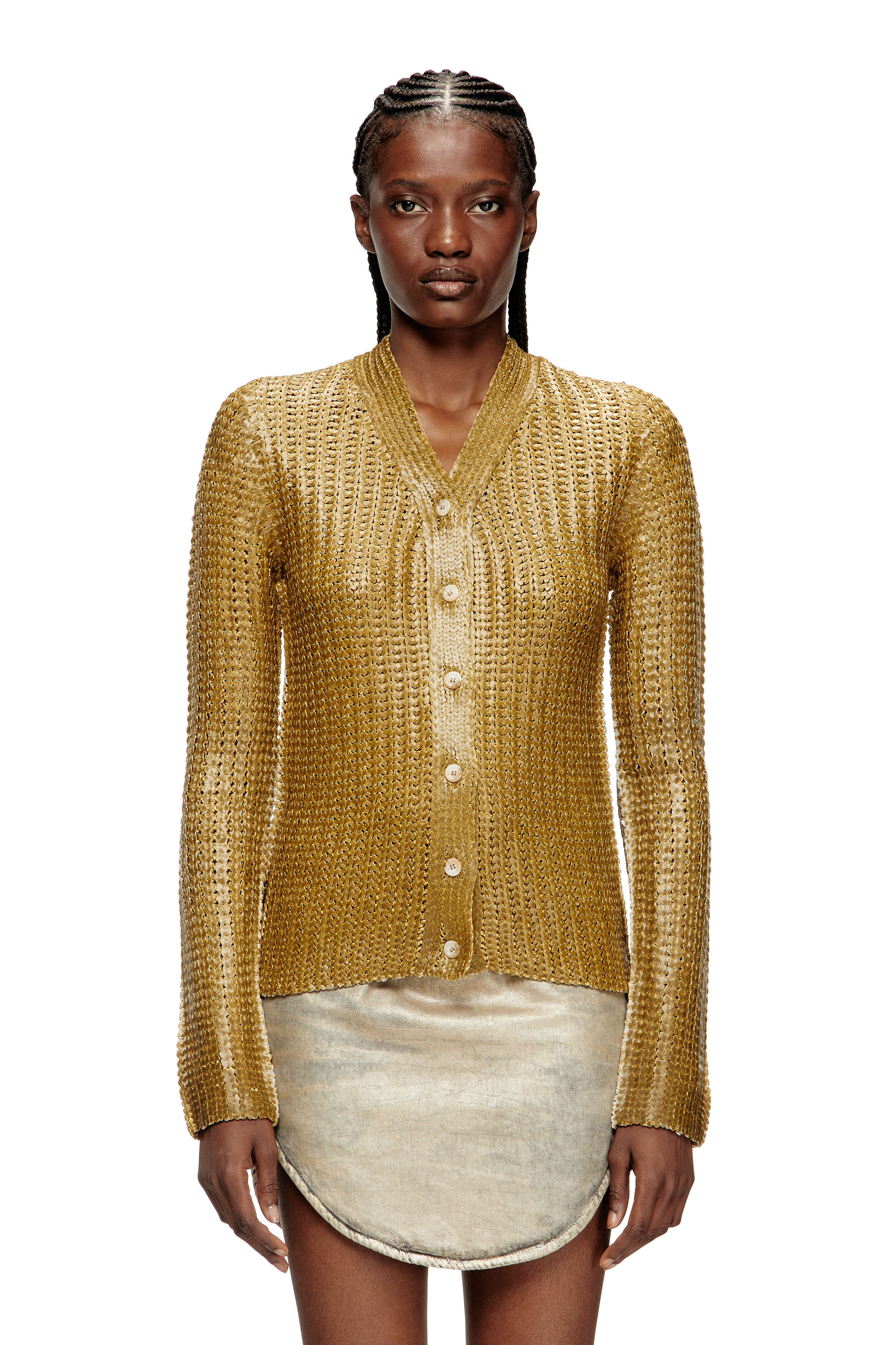 Diesel - M-MILLO, Cardigan a costine effetto lucido Donna in Marrone - 1