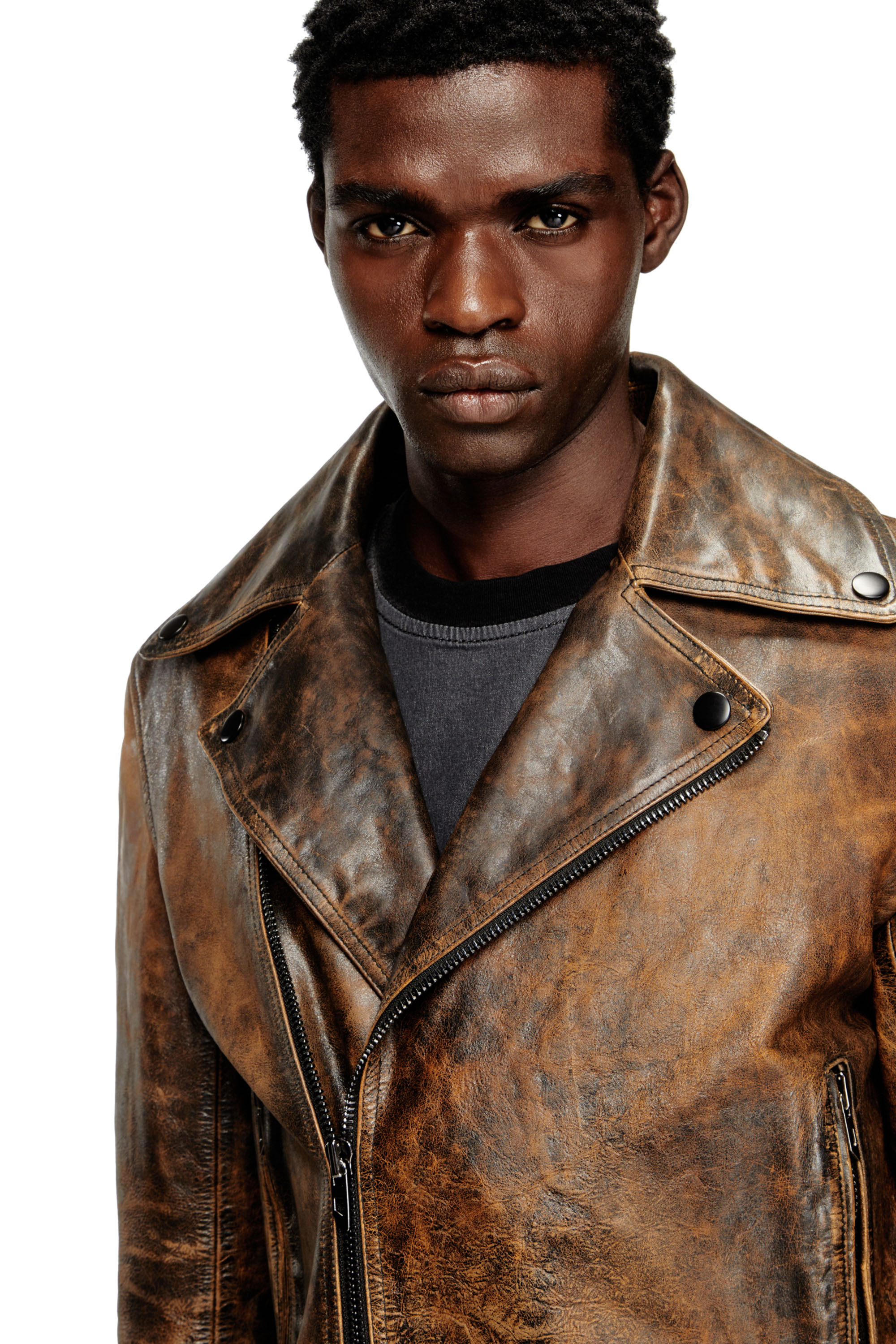 Diesel - L-EON, Giacca biker in pelle trattata Uomo in Marrone - 5